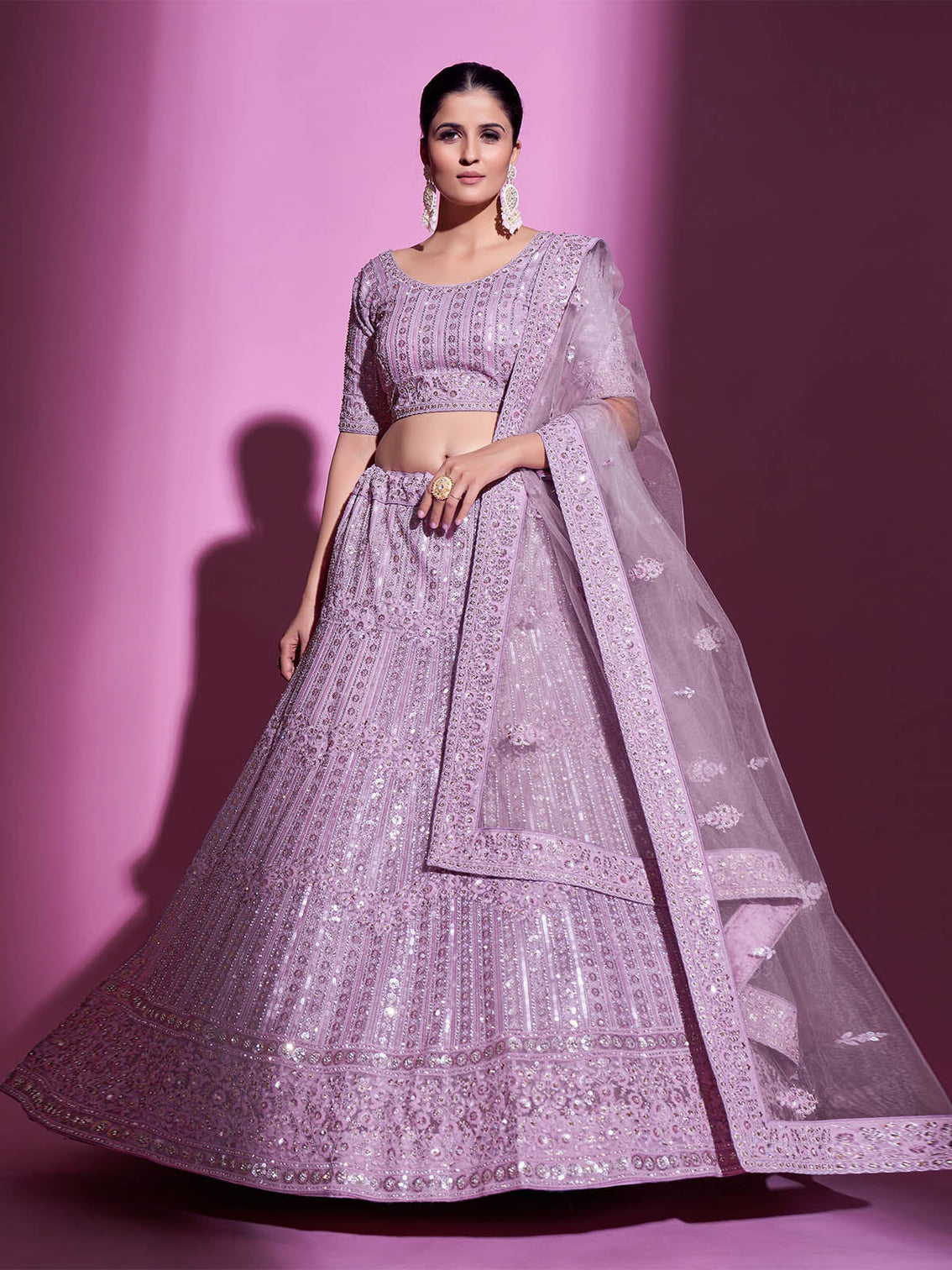 Purple Net Embroidered Semi Stitched Lehenga With Unstitched Blouse