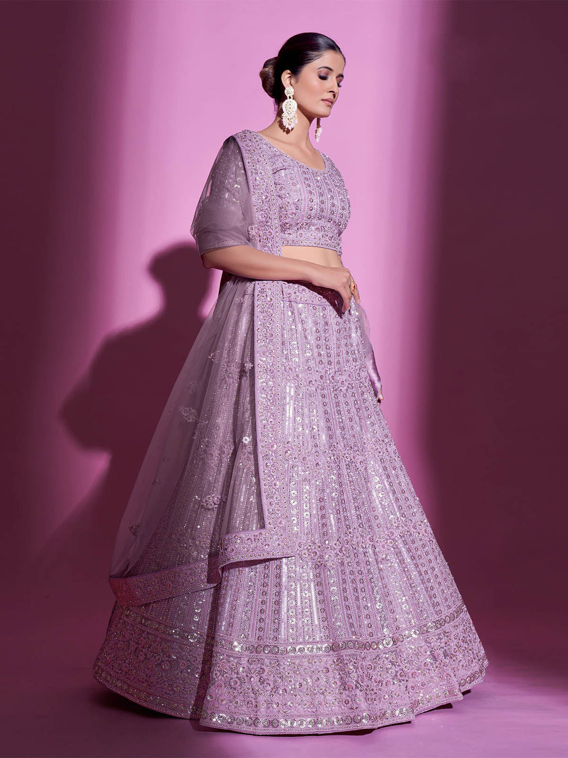 Purple Net Embroidered Semi Stitched Lehenga With Unstitched Blouse