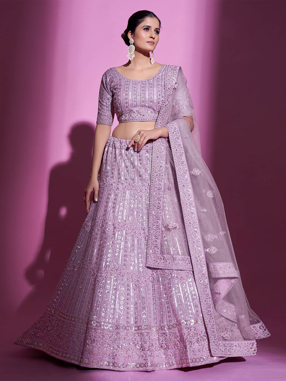 Purple Net Embroidered Semi Stitched Lehenga With Unstitched Blouse