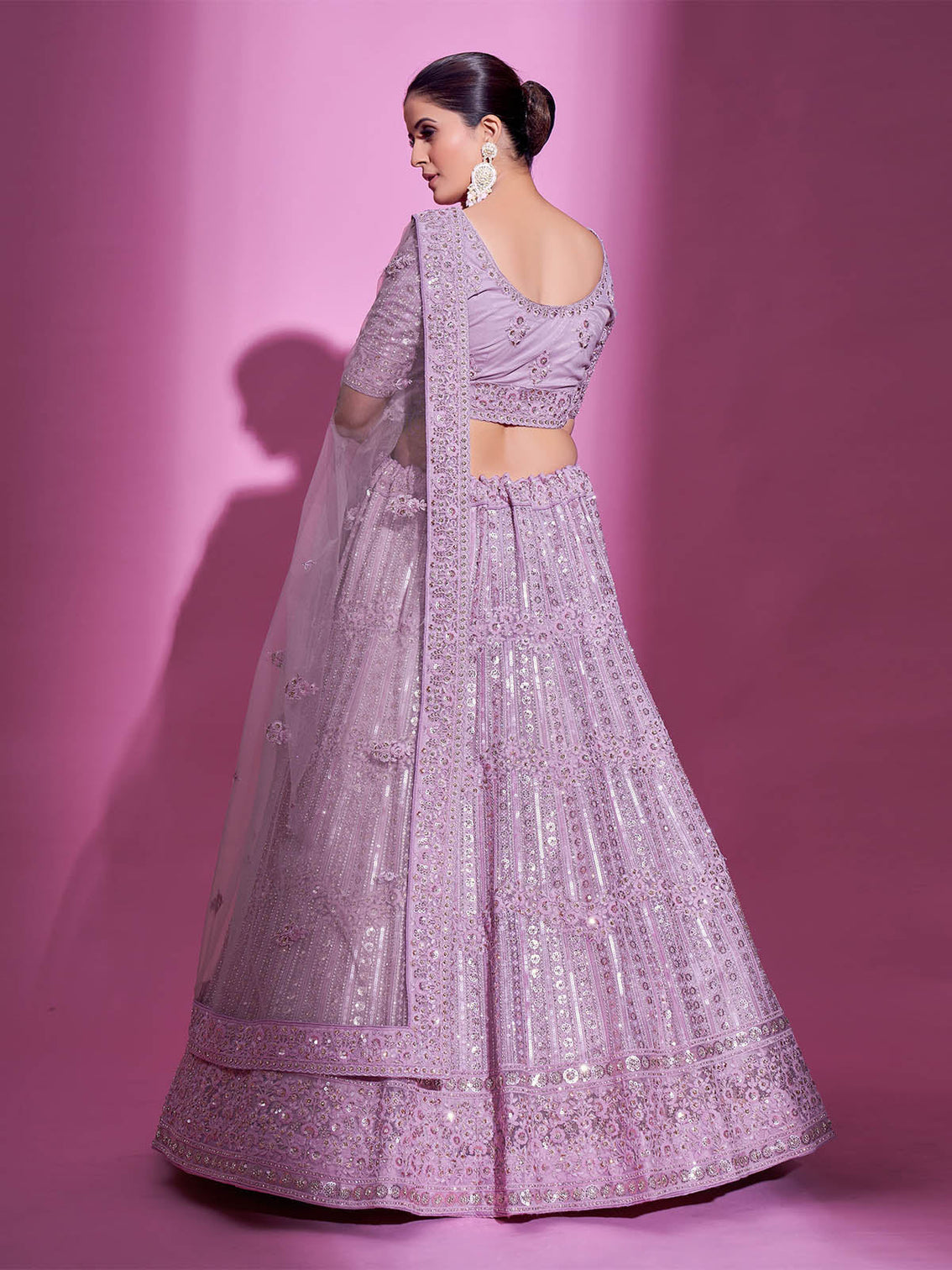 Purple Net Embroidered Semi Stitched Lehenga With Unstitched Blouse