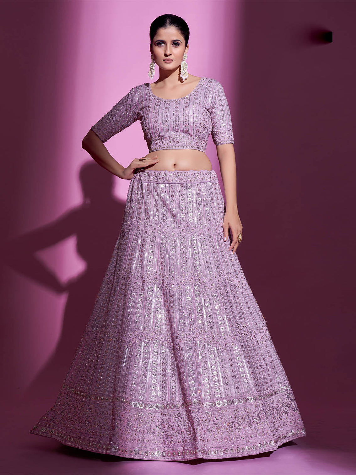 Purple Net Embroidered Semi Stitched Lehenga With Unstitched Blouse