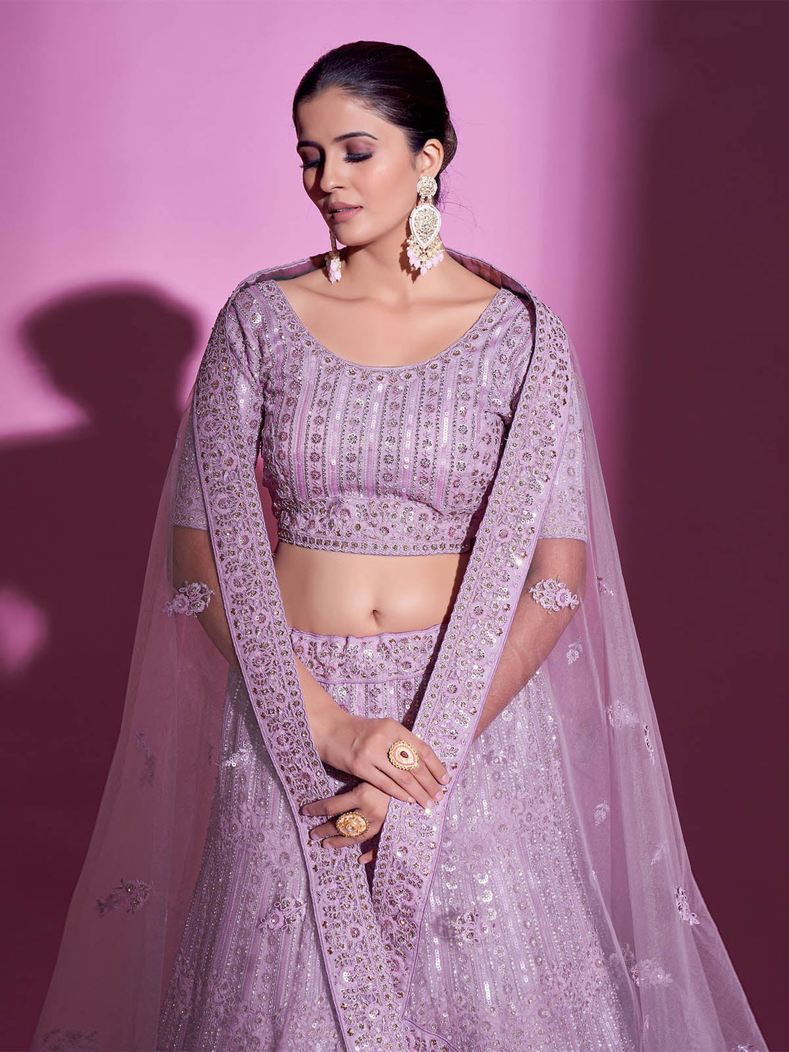 Purple Net Embroidered Semi Stitched Lehenga With Unstitched Blouse