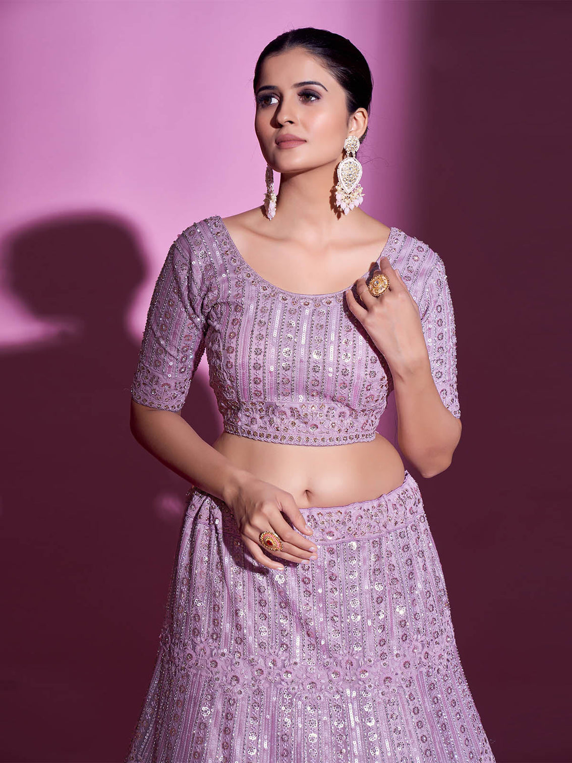Purple Net Embroidered Semi Stitched Lehenga With Unstitched Blouse
