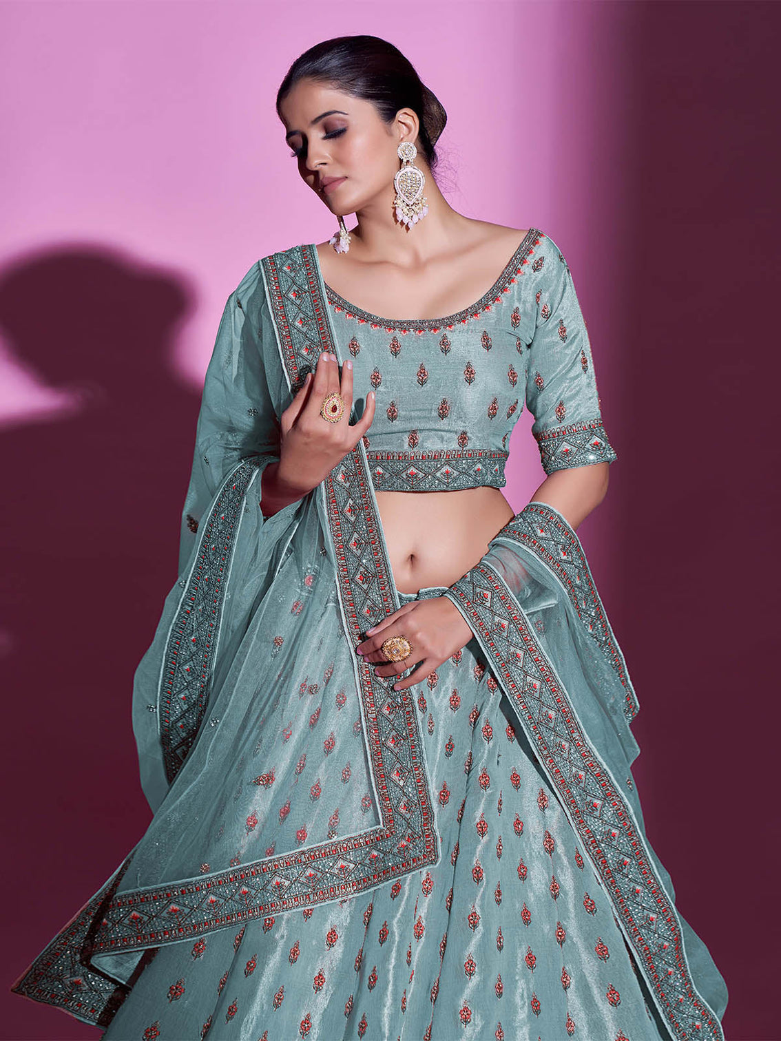 Blue Silk Blend Embroidered Semi Stitched Lehenga With Unstitched Blouse