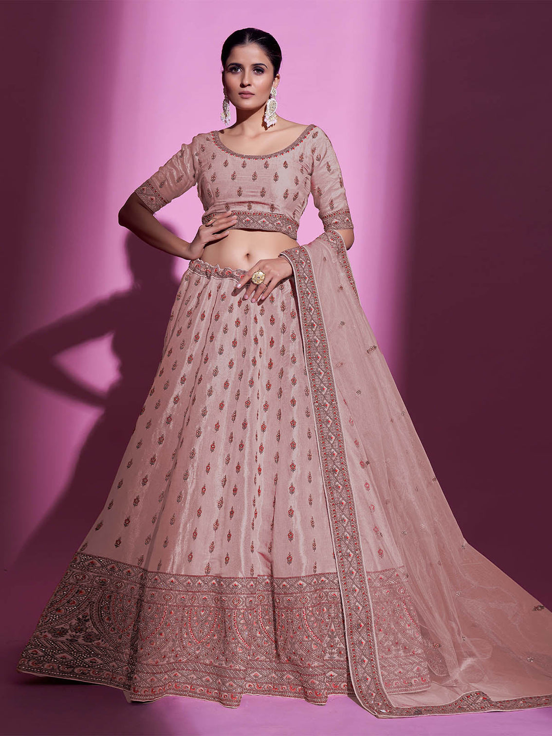 Peach Silk Blend Embroidered Semi Stitched Lehenga With Unstitched Blouse