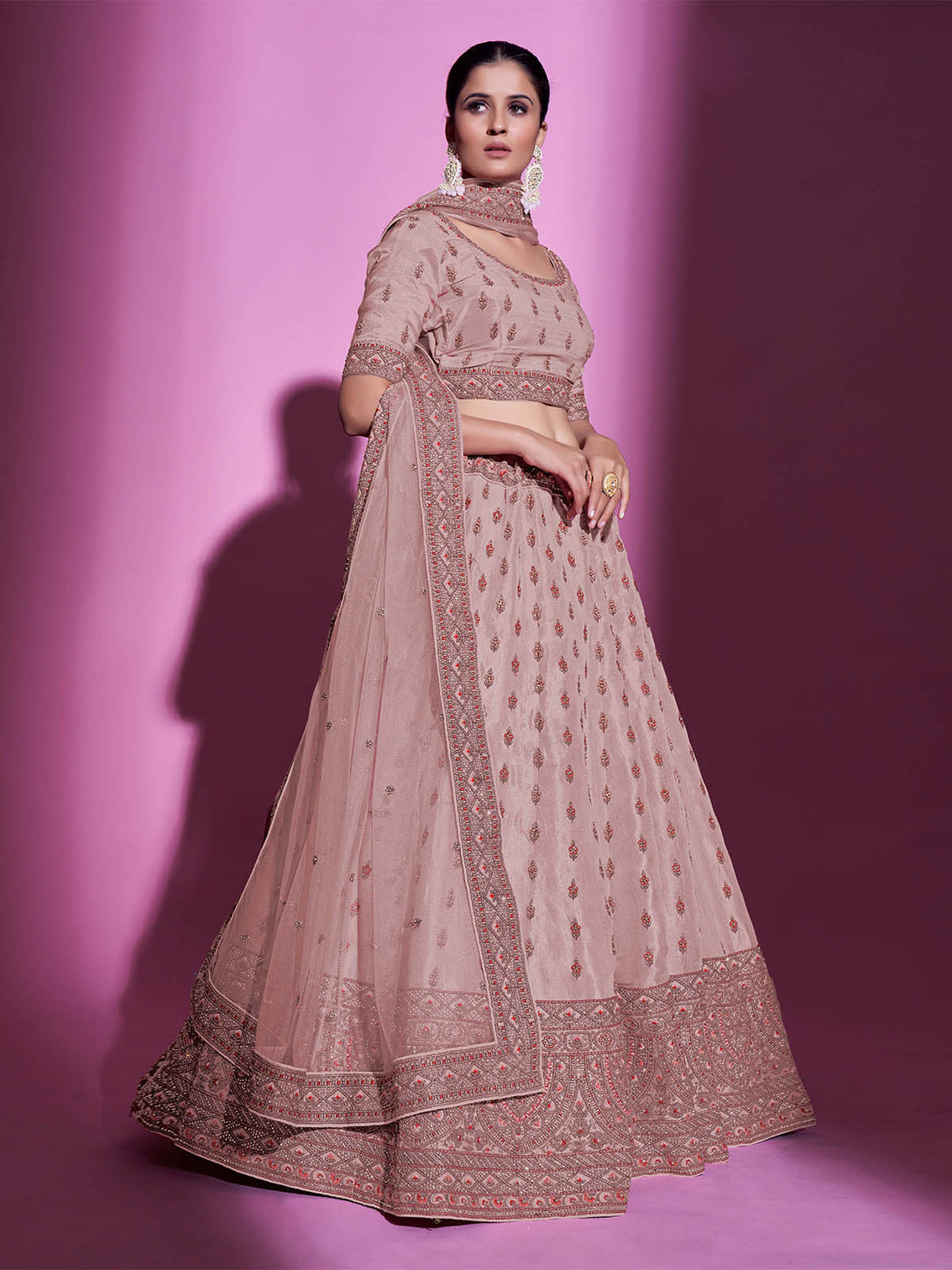 Peach Silk Blend Embroidered Semi Stitched Lehenga With Unstitched Blouse