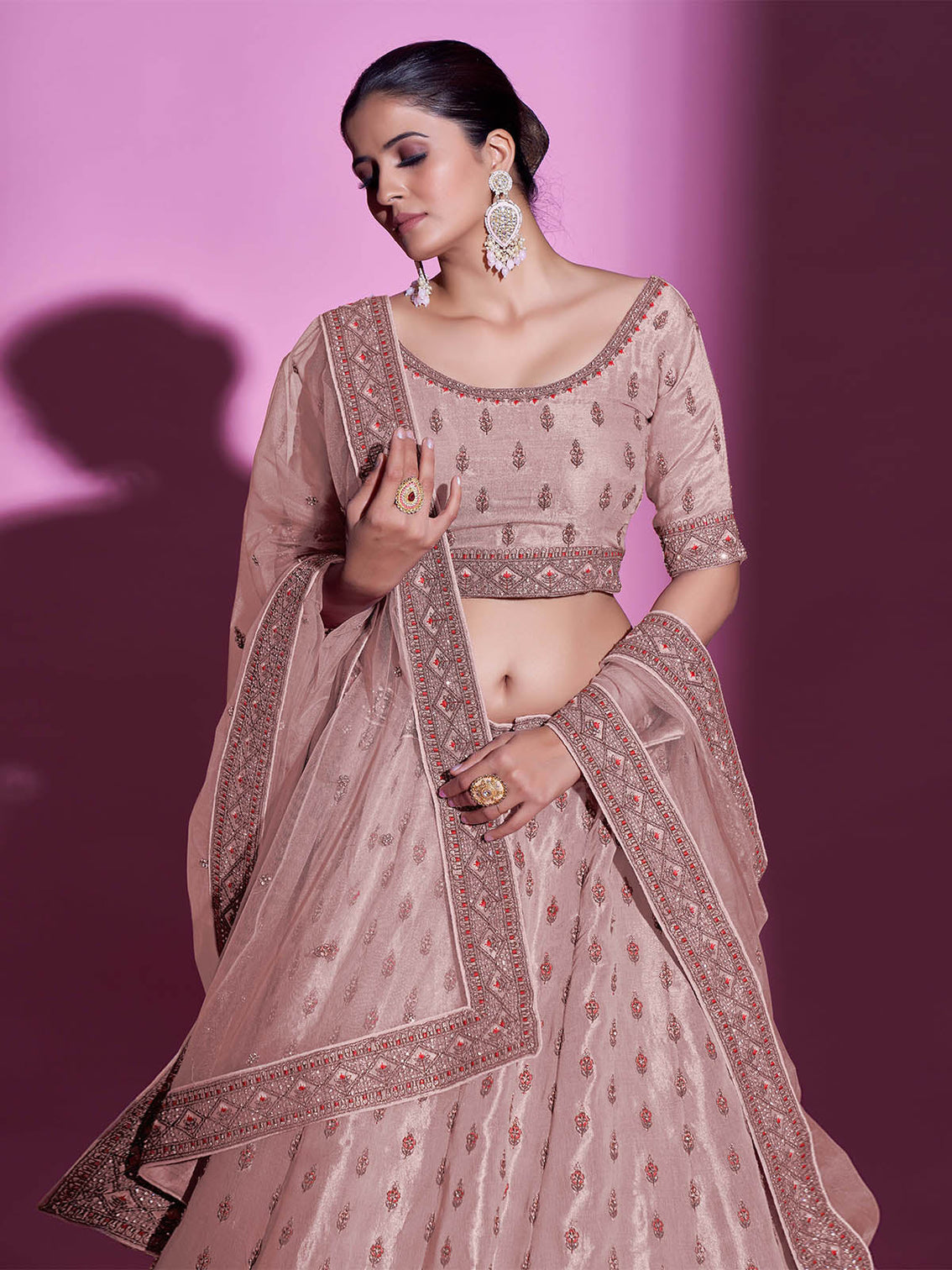 Peach Silk Blend Embroidered Semi Stitched Lehenga With Unstitched Blouse