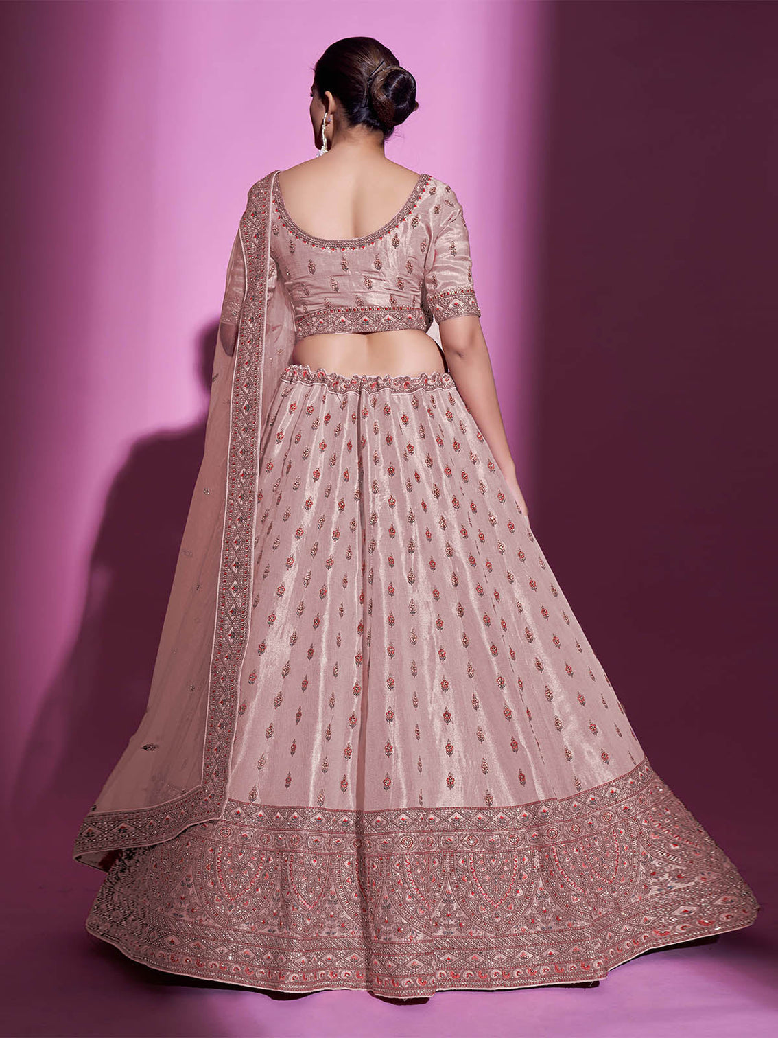 Peach Silk Blend Embroidered Semi Stitched Lehenga With Unstitched Blouse