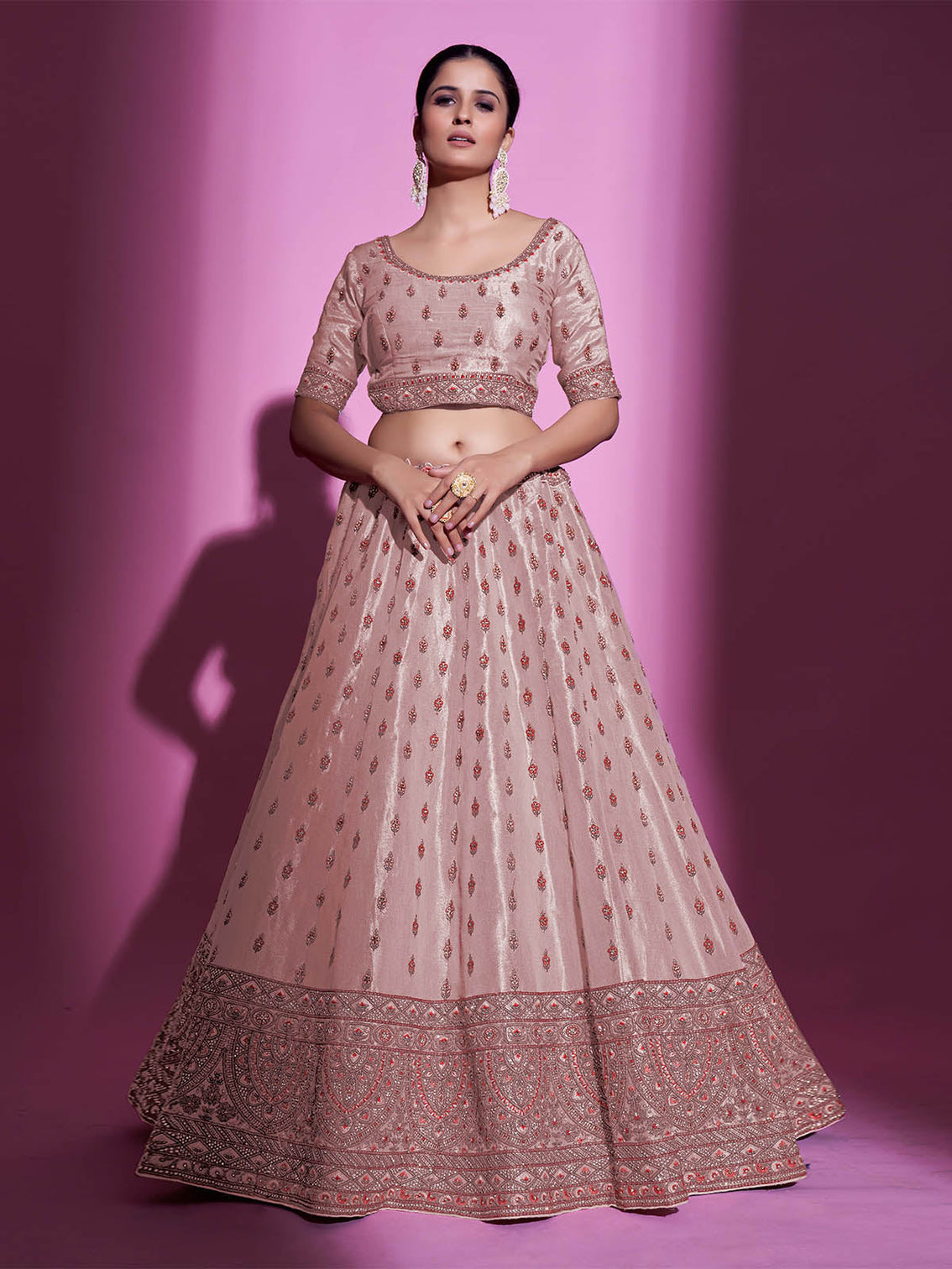 Peach Silk Blend Embroidered Semi Stitched Lehenga With Unstitched Blouse