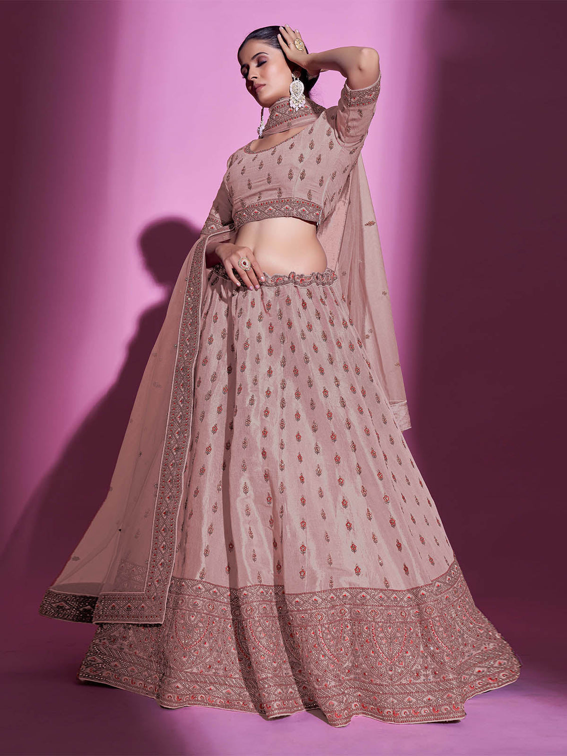 Peach Silk Blend Embroidered Semi Stitched Lehenga With Unstitched Blouse