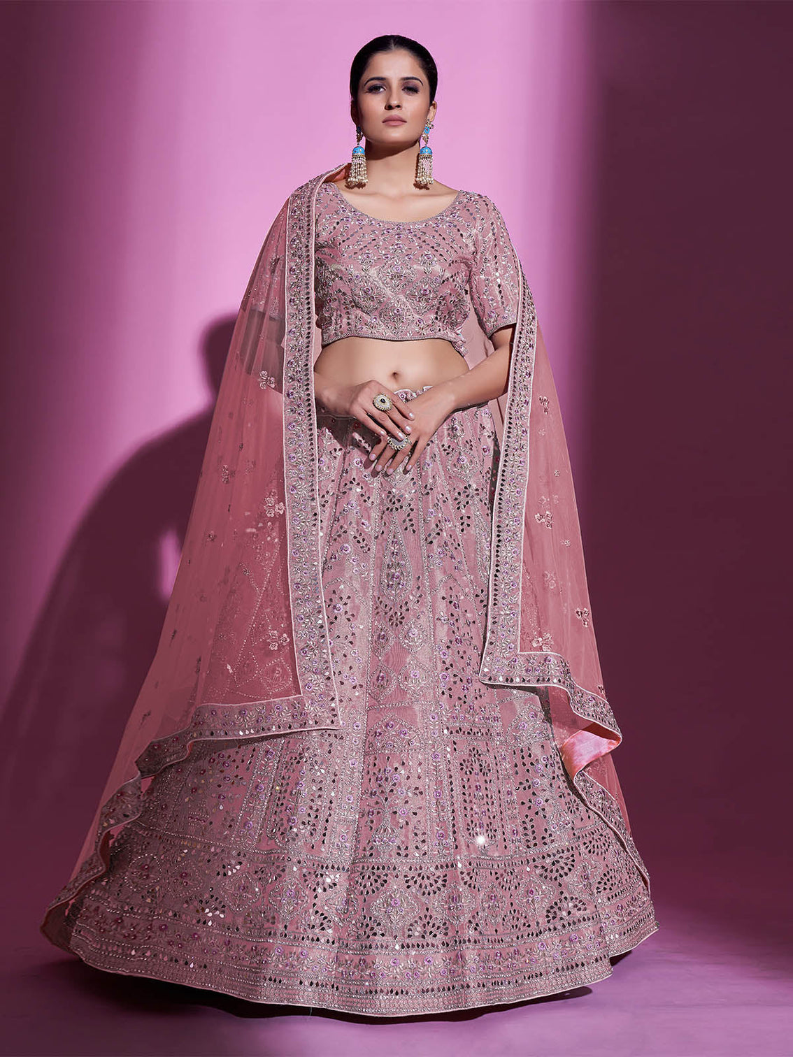 Pink Silk Blend Embroidered Semi Stitched Lehenga With Unstitched Blouse