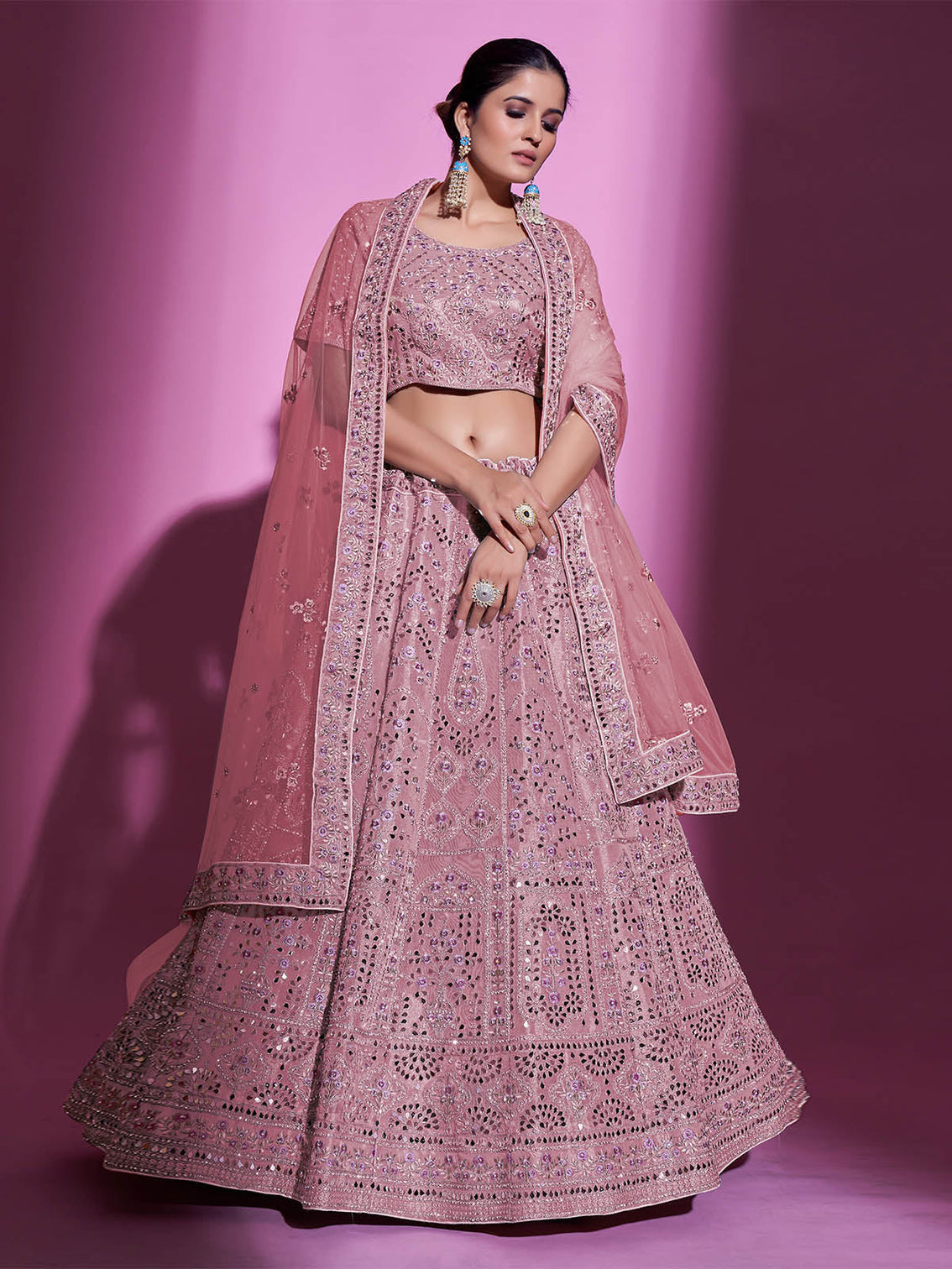 Pink Silk Blend Embroidered Semi Stitched Lehenga With Unstitched Blouse