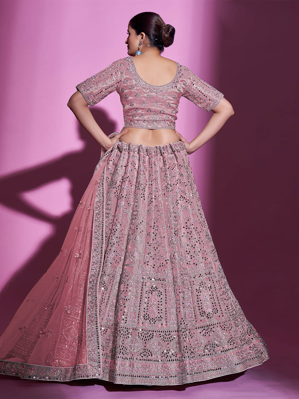 Pink Silk Blend Embroidered Semi Stitched Lehenga With Unstitched Blouse