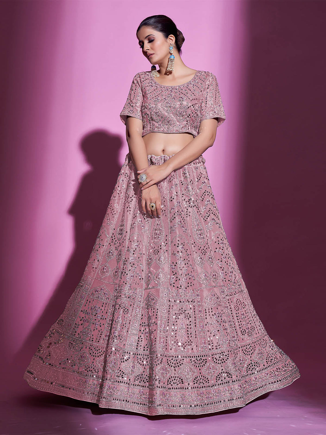 Pink Silk Blend Embroidered Semi Stitched Lehenga With Unstitched Blouse