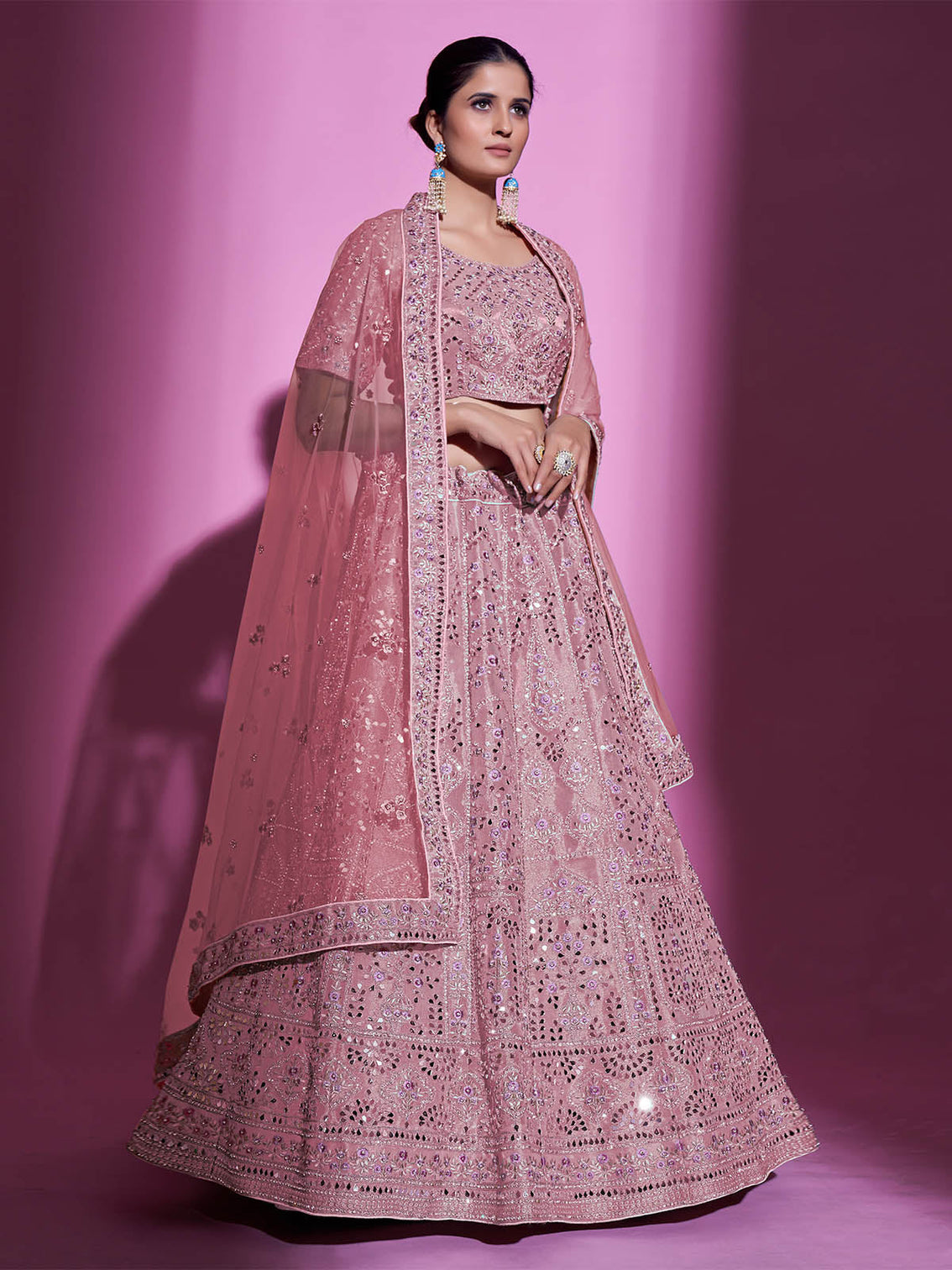 Pink Silk Blend Embroidered Semi Stitched Lehenga With Unstitched Blouse
