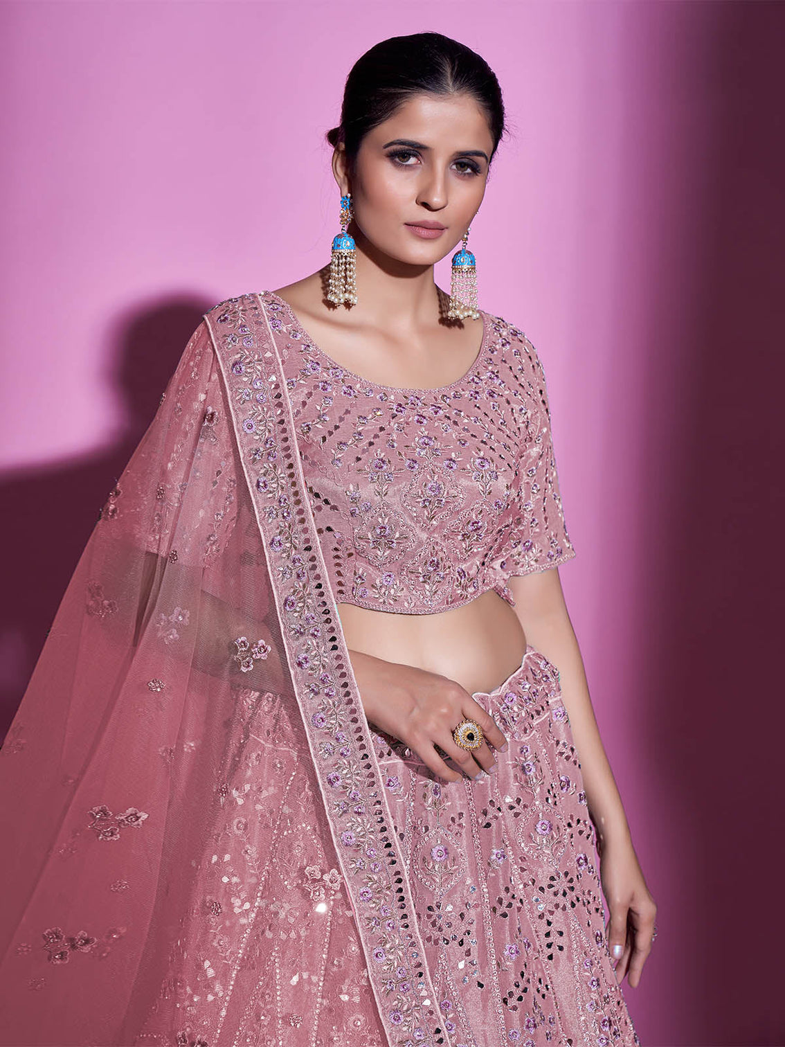 Pink Silk Blend Embroidered Semi Stitched Lehenga With Unstitched Blouse