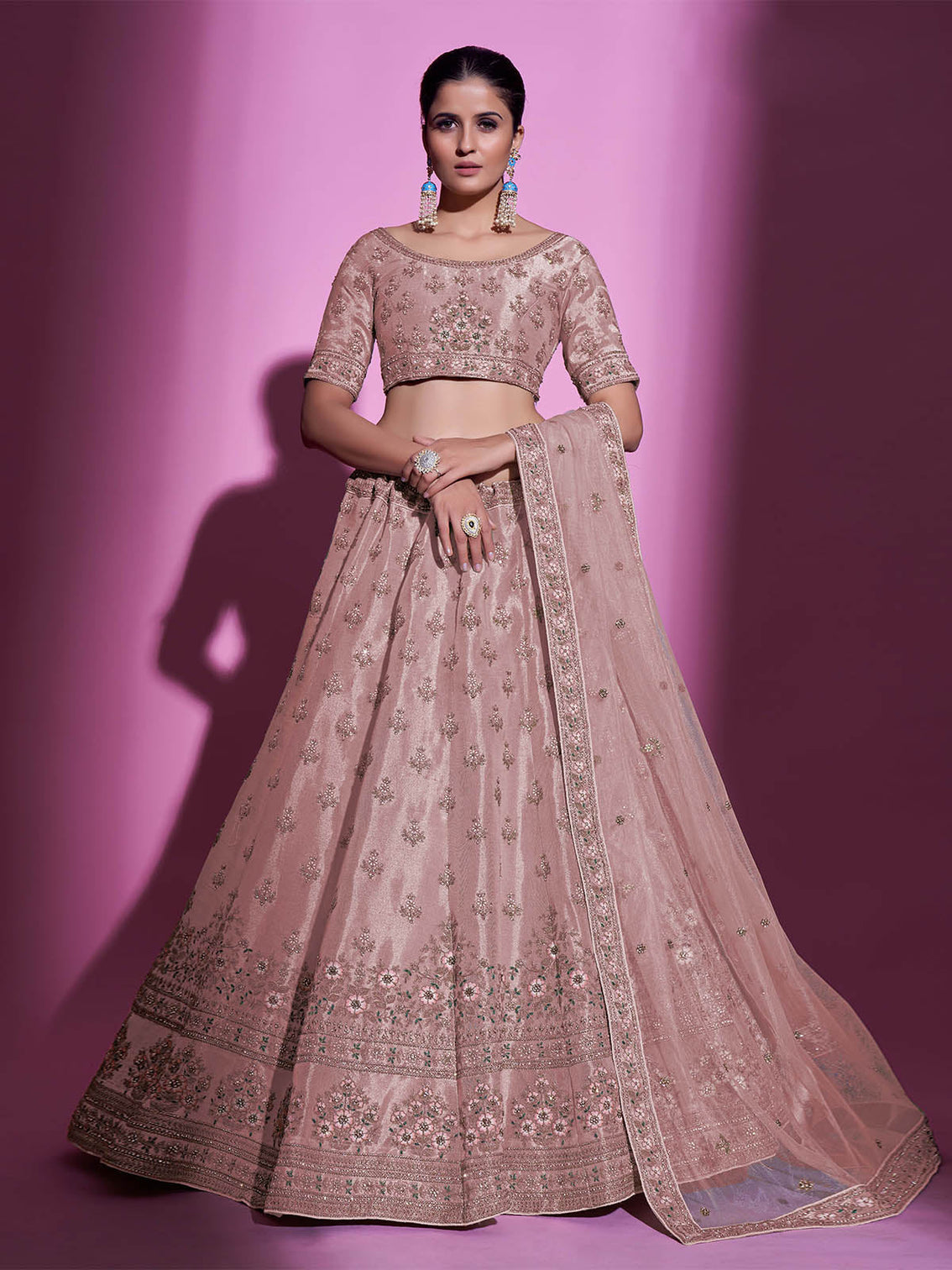 Peach Silk Blend Embroidered Semi Stitched Lehenga With Unstitched Blouse