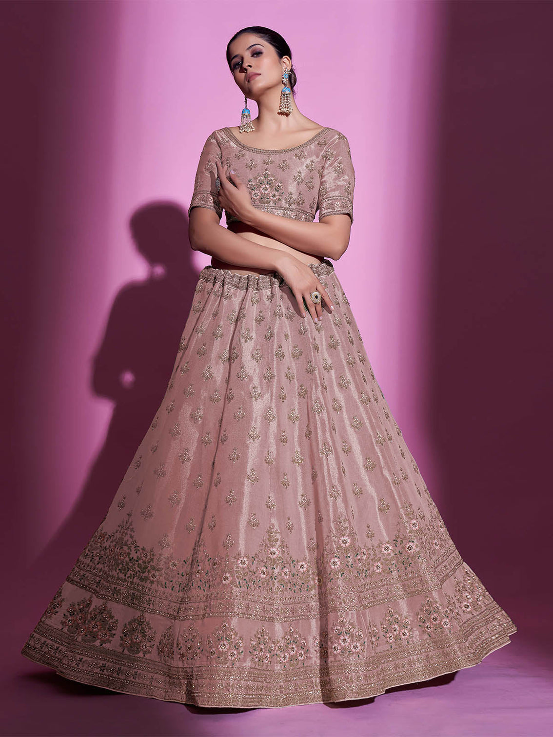 Peach Silk Blend Embroidered Semi Stitched Lehenga With Unstitched Blouse
