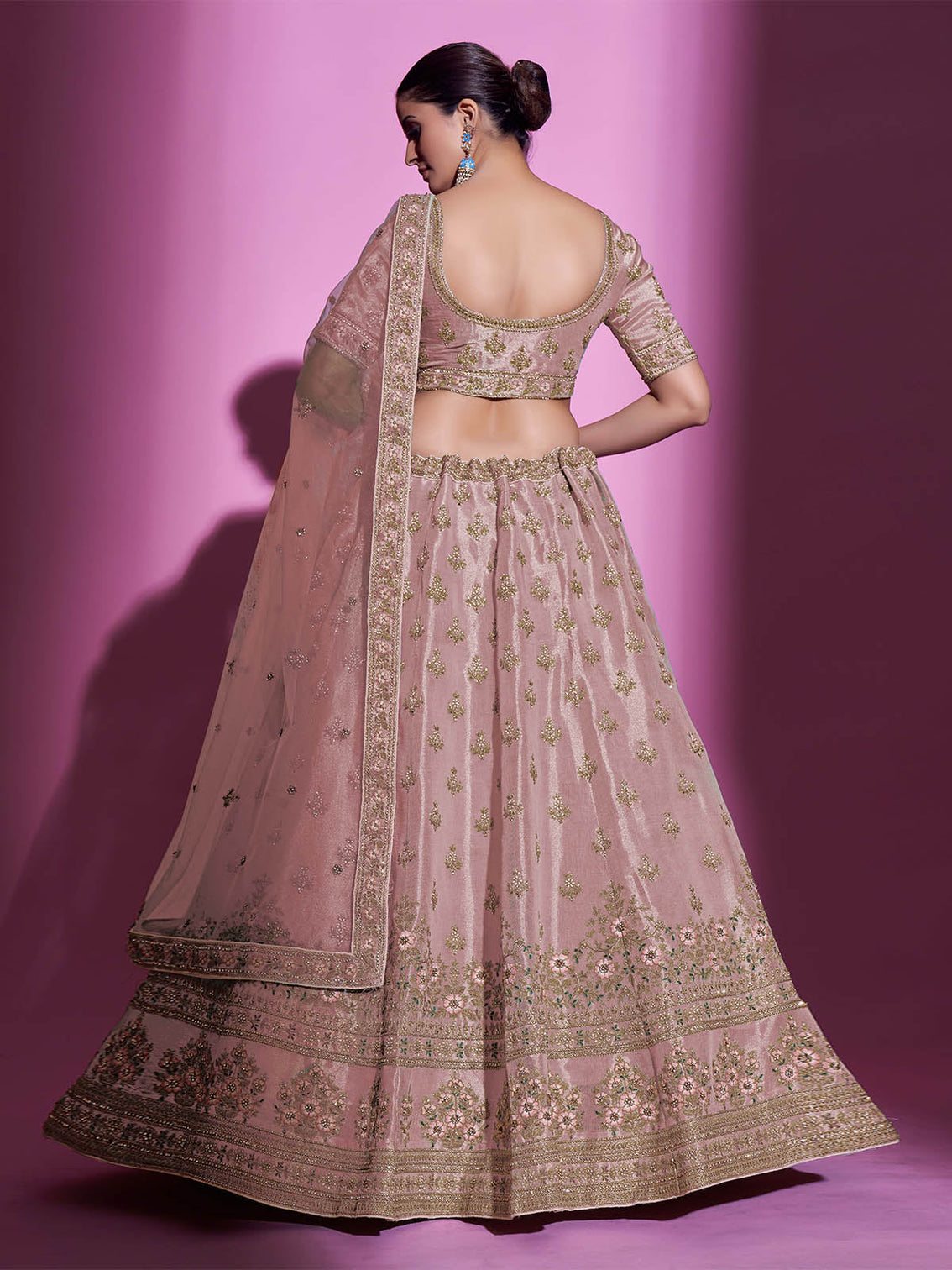 Peach Silk Blend Embroidered Semi Stitched Lehenga With Unstitched Blouse