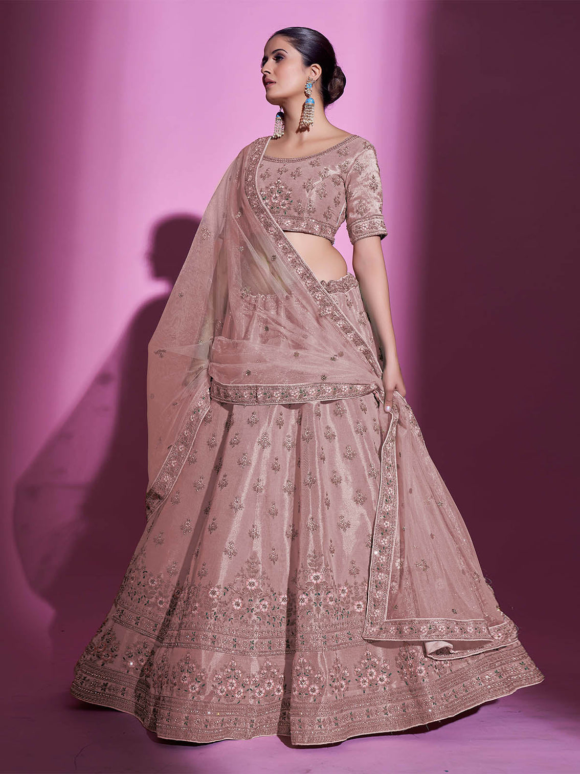 Peach Silk Blend Embroidered Semi Stitched Lehenga With Unstitched Blouse
