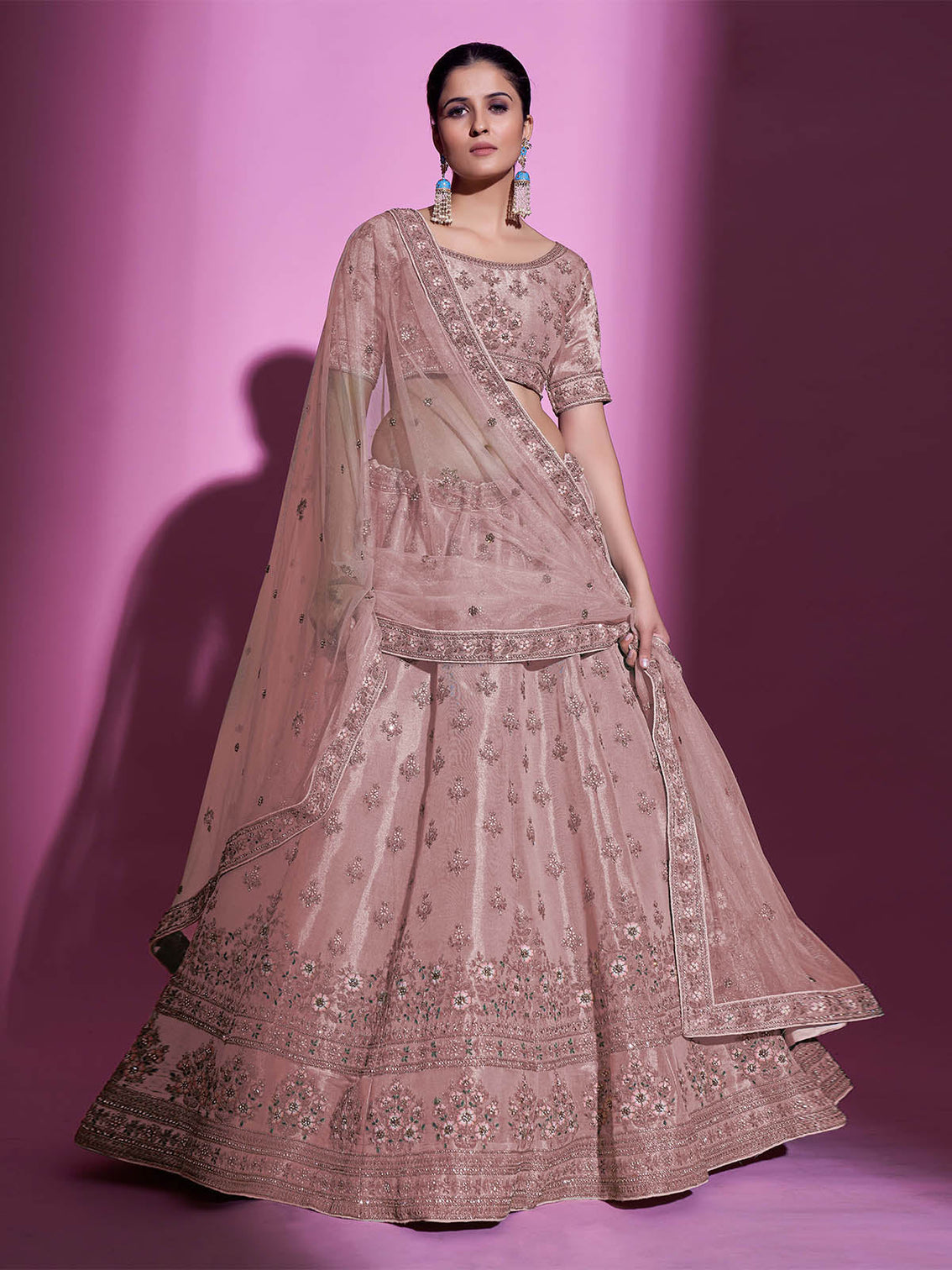 Peach Silk Blend Embroidered Semi Stitched Lehenga With Unstitched Blouse