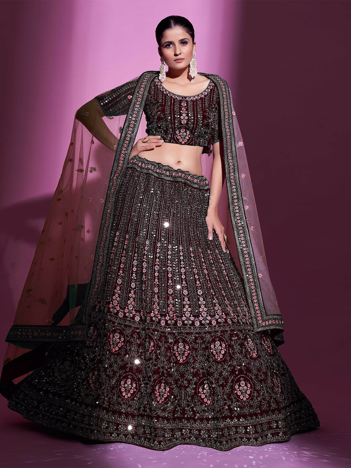 Violet Crepe Embroidered Semi Stitched Lehenga With Unstitched Blouse