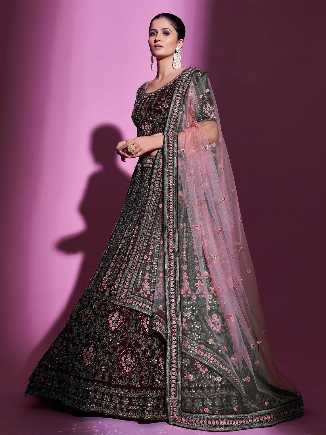 Violet Crepe Embroidered Semi Stitched Lehenga With Unstitched Blouse