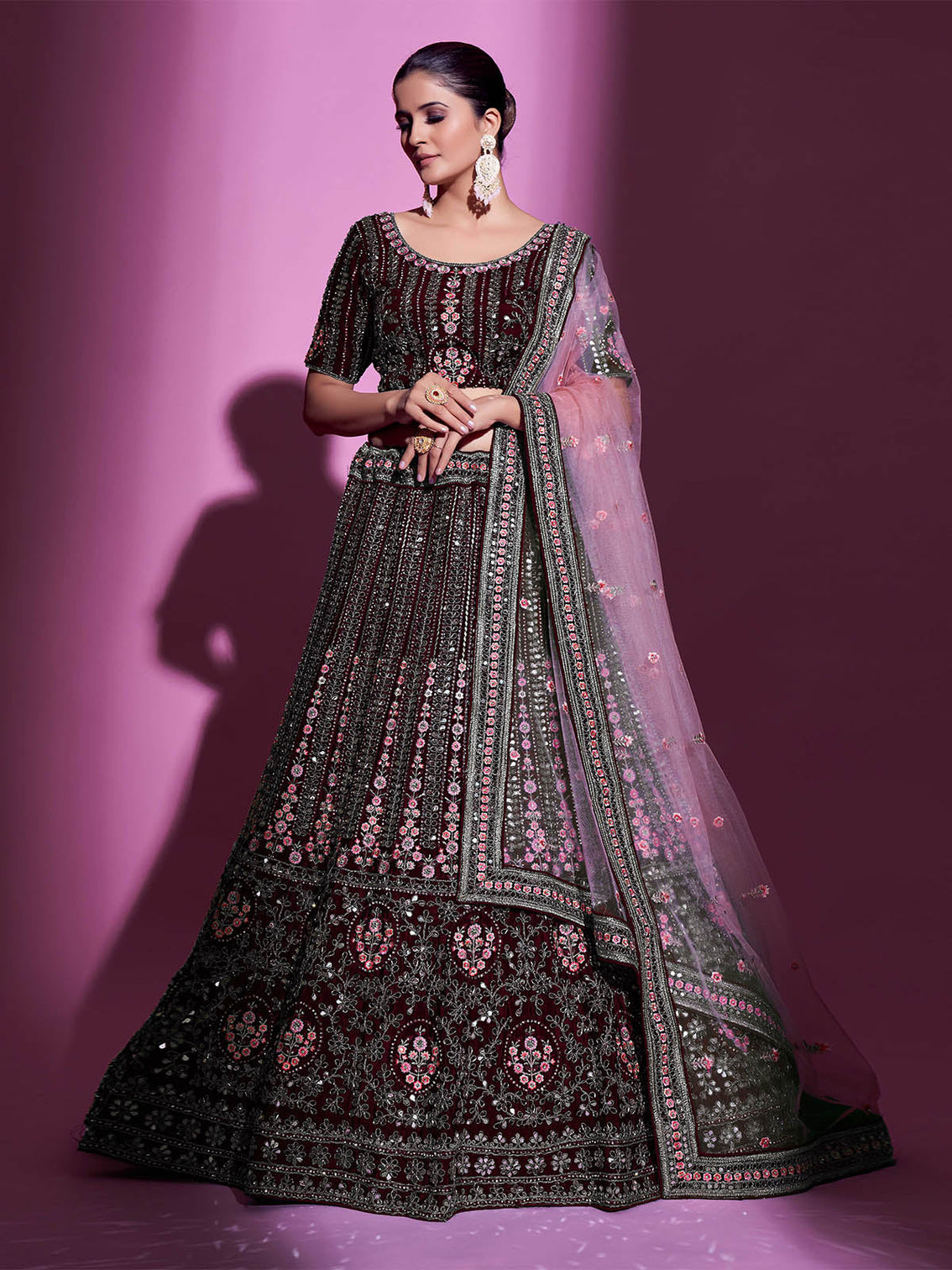 Violet Crepe Embroidered Semi Stitched Lehenga With Unstitched Blouse