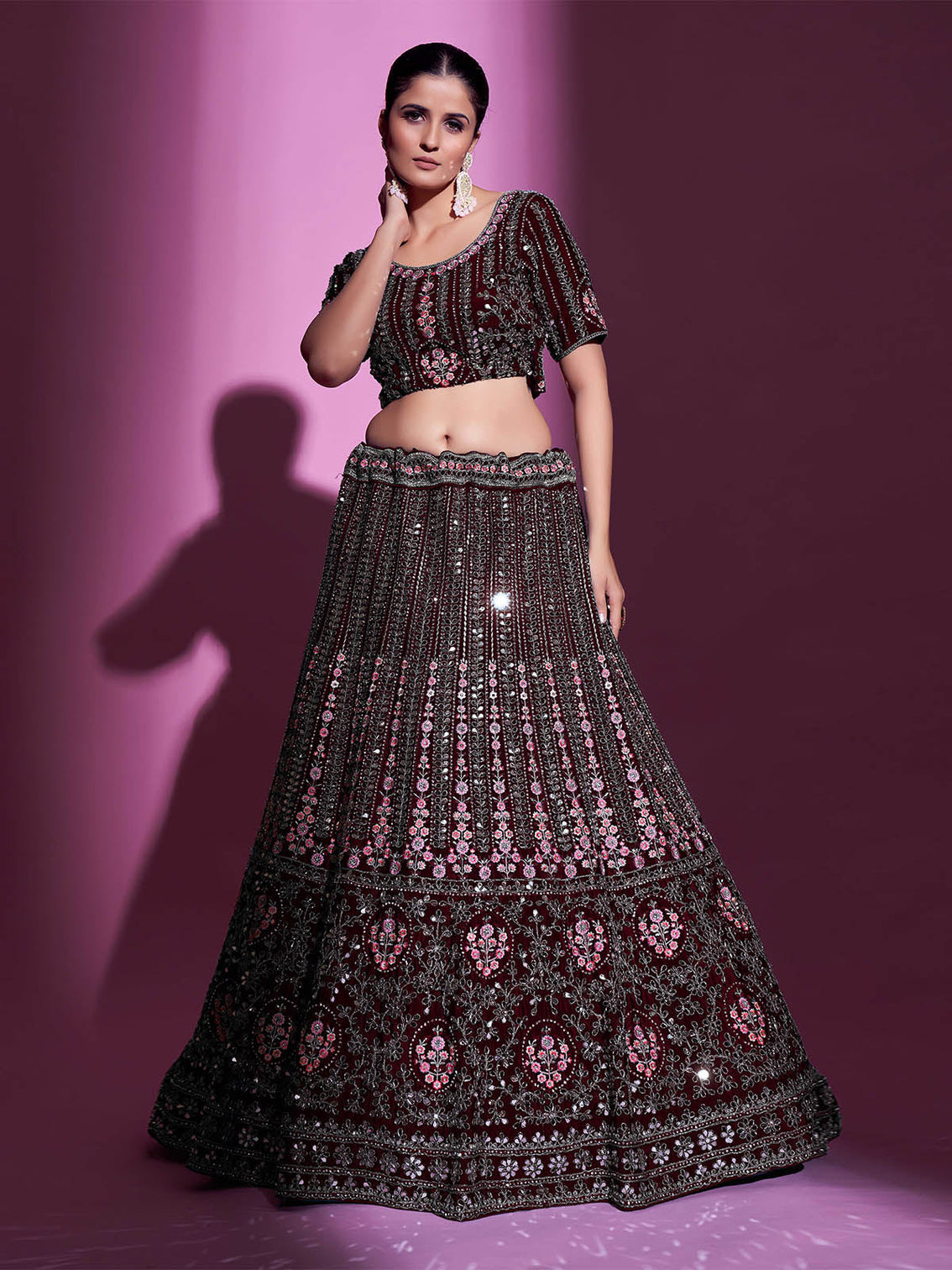 Violet Crepe Embroidered Semi Stitched Lehenga With Unstitched Blouse
