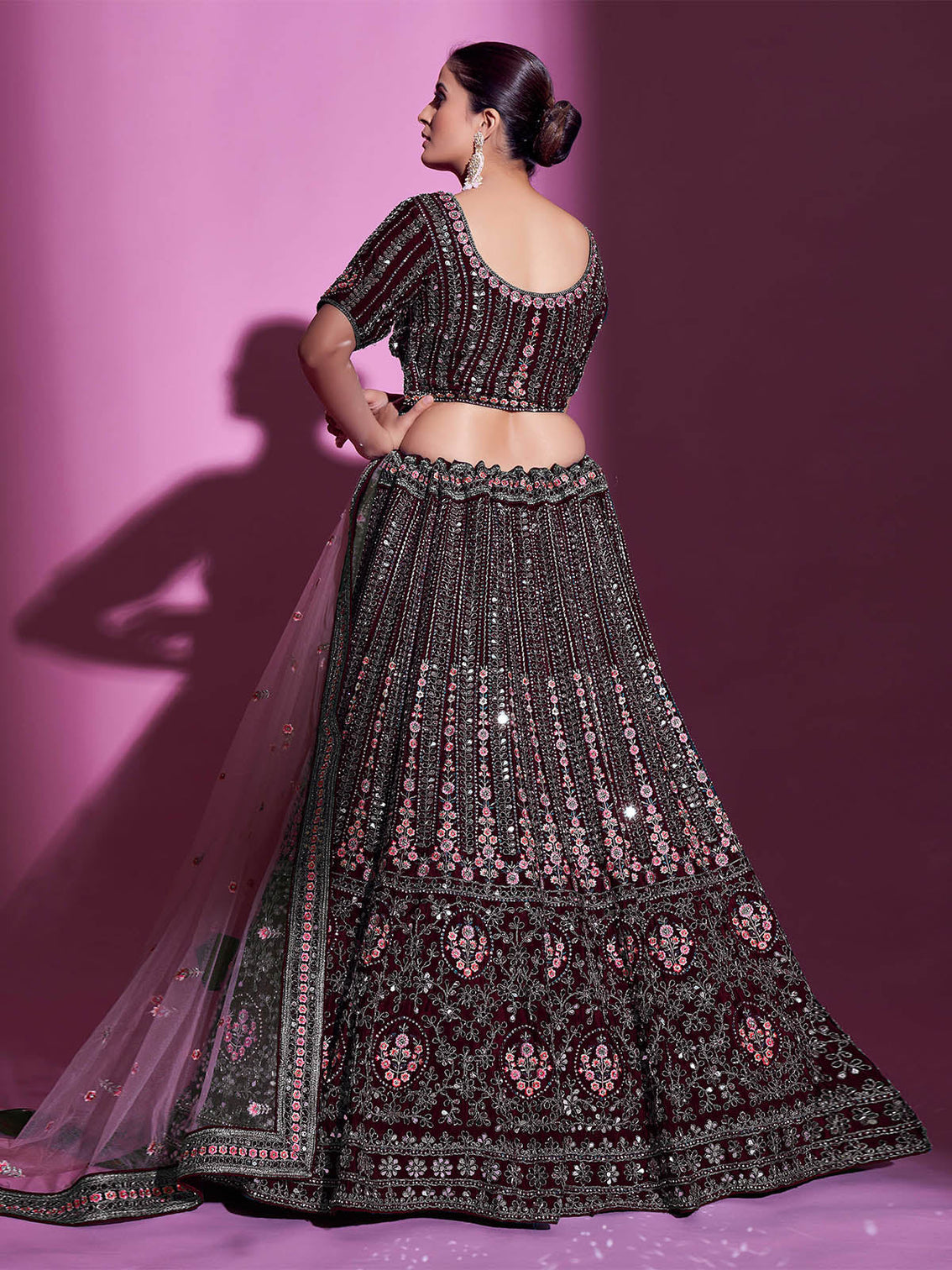 Violet Crepe Embroidered Semi Stitched Lehenga With Unstitched Blouse