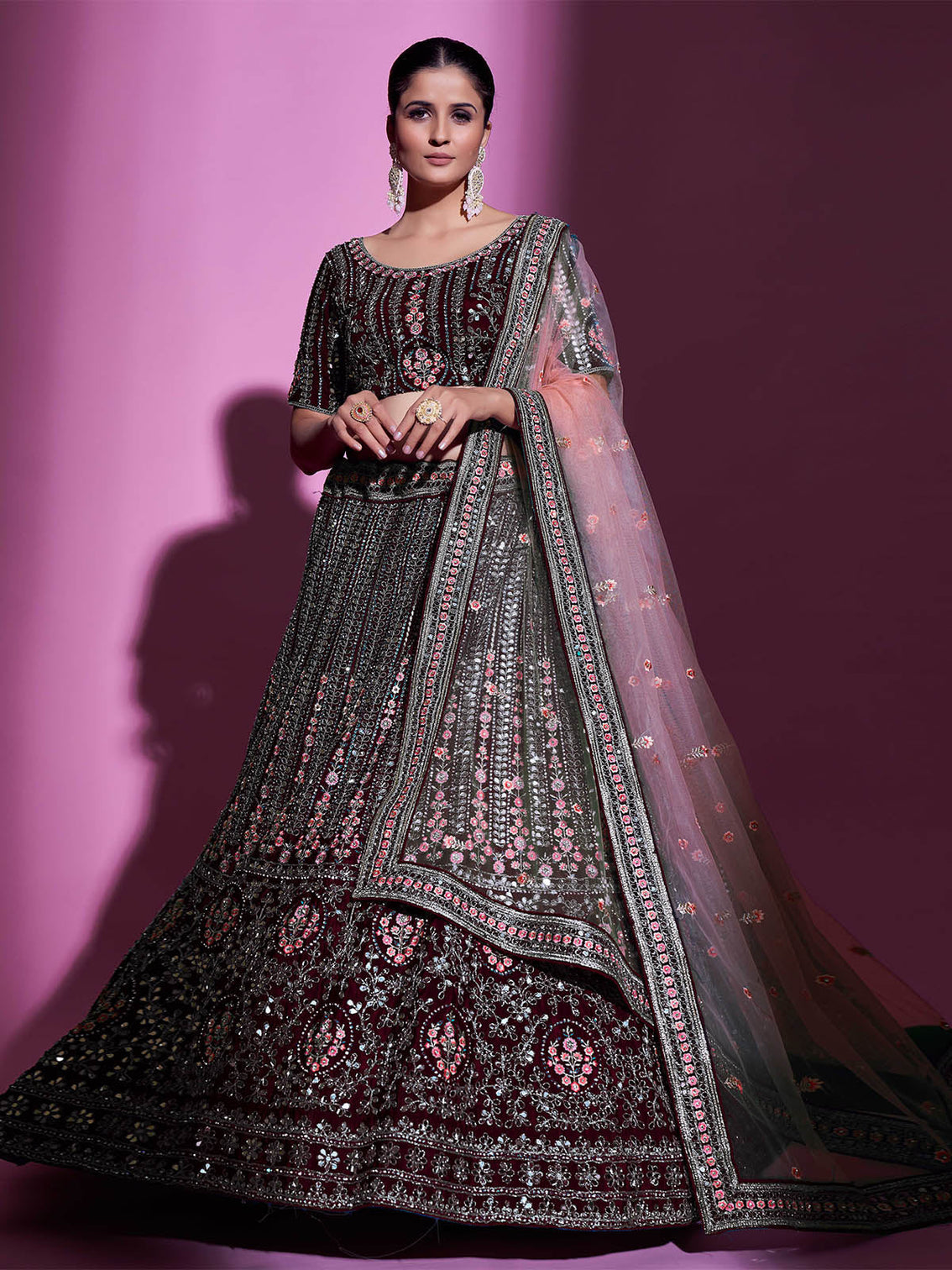 Violet Crepe Embroidered Semi Stitched Lehenga With Unstitched Blouse
