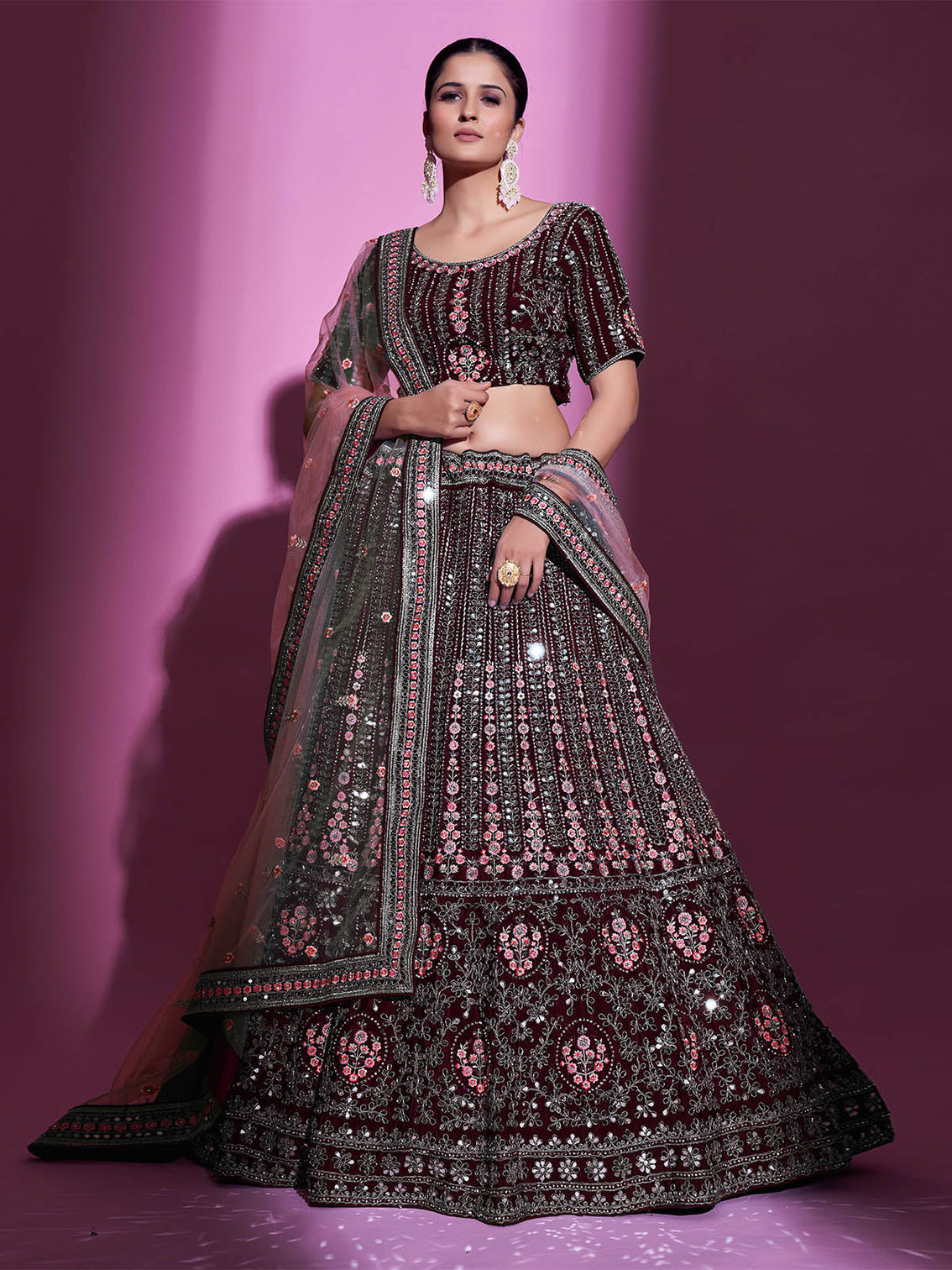 Violet Crepe Embroidered Semi Stitched Lehenga With Unstitched Blouse
