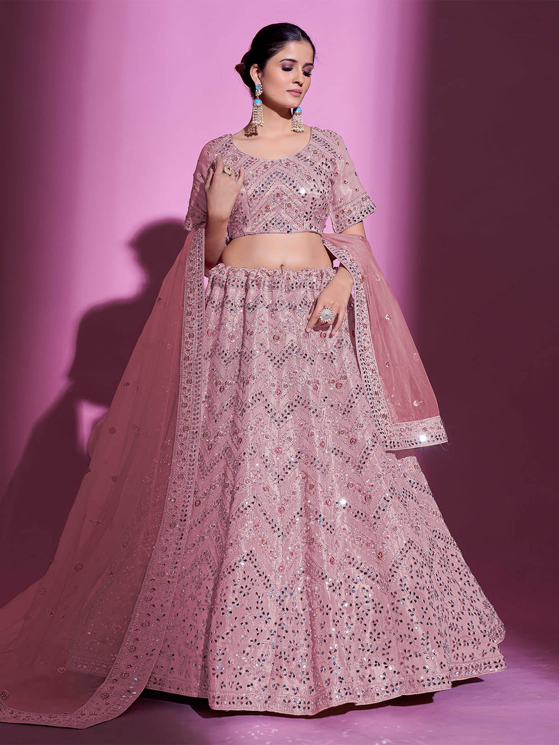 Pink Silk Blend Embroidered Semi Stitched Lehenga With Unstitched Blouse