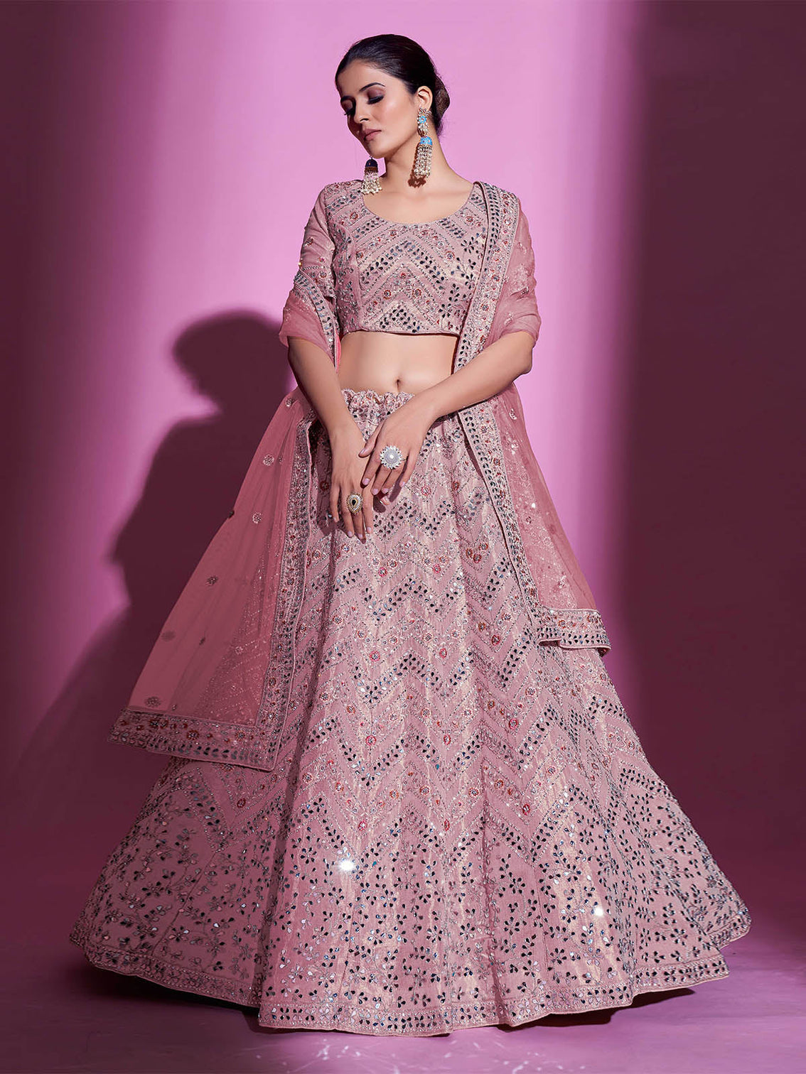 Pink Silk Blend Embroidered Semi Stitched Lehenga With Unstitched Blouse