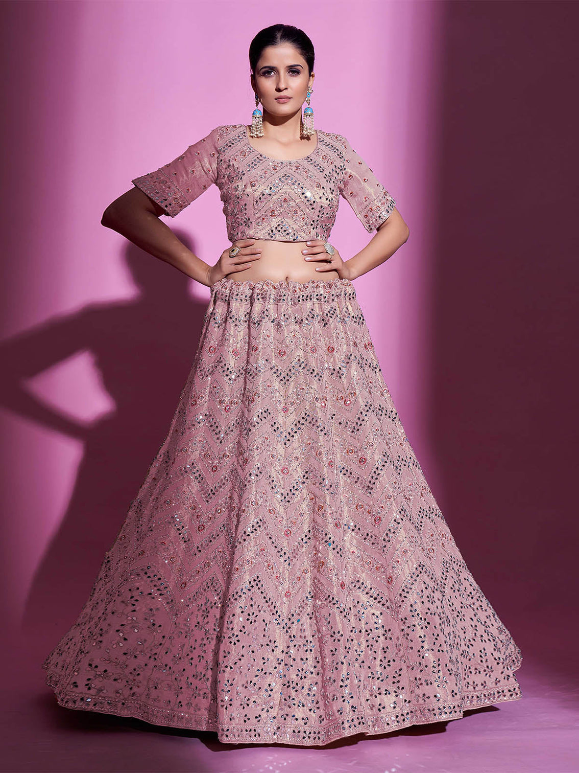 Pink Silk Blend Embroidered Semi Stitched Lehenga With Unstitched Blouse