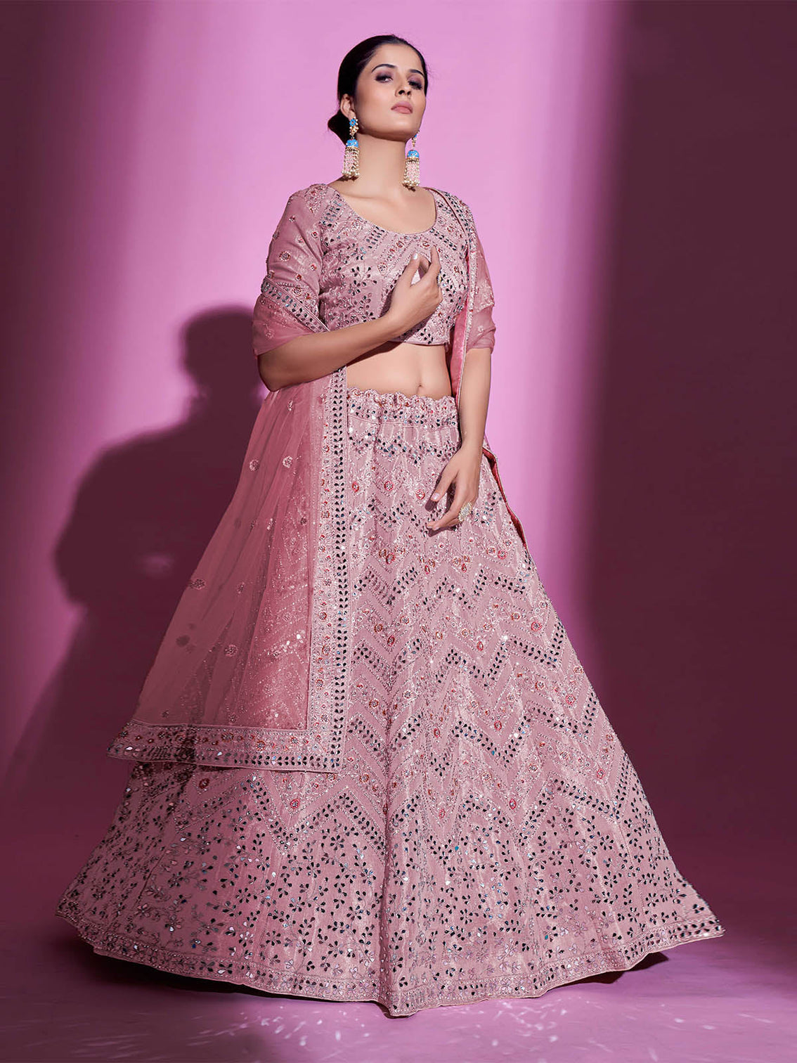 Pink Silk Blend Embroidered Semi Stitched Lehenga With Unstitched Blouse