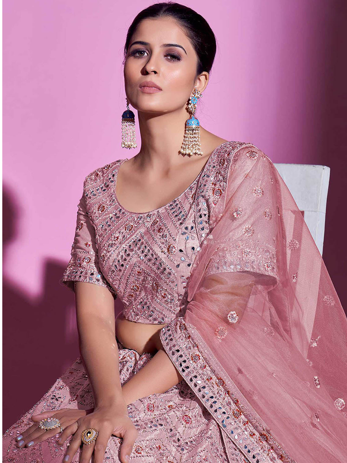 Pink Silk Blend Embroidered Semi Stitched Lehenga With Unstitched Blouse