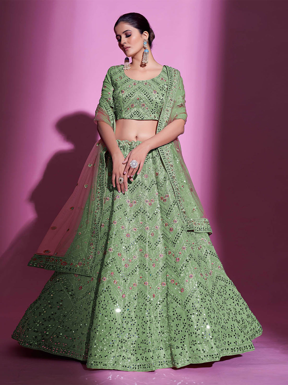 Green Silk Blend Embroidered Semi Stitched Lehenga With Unstitched Blouse