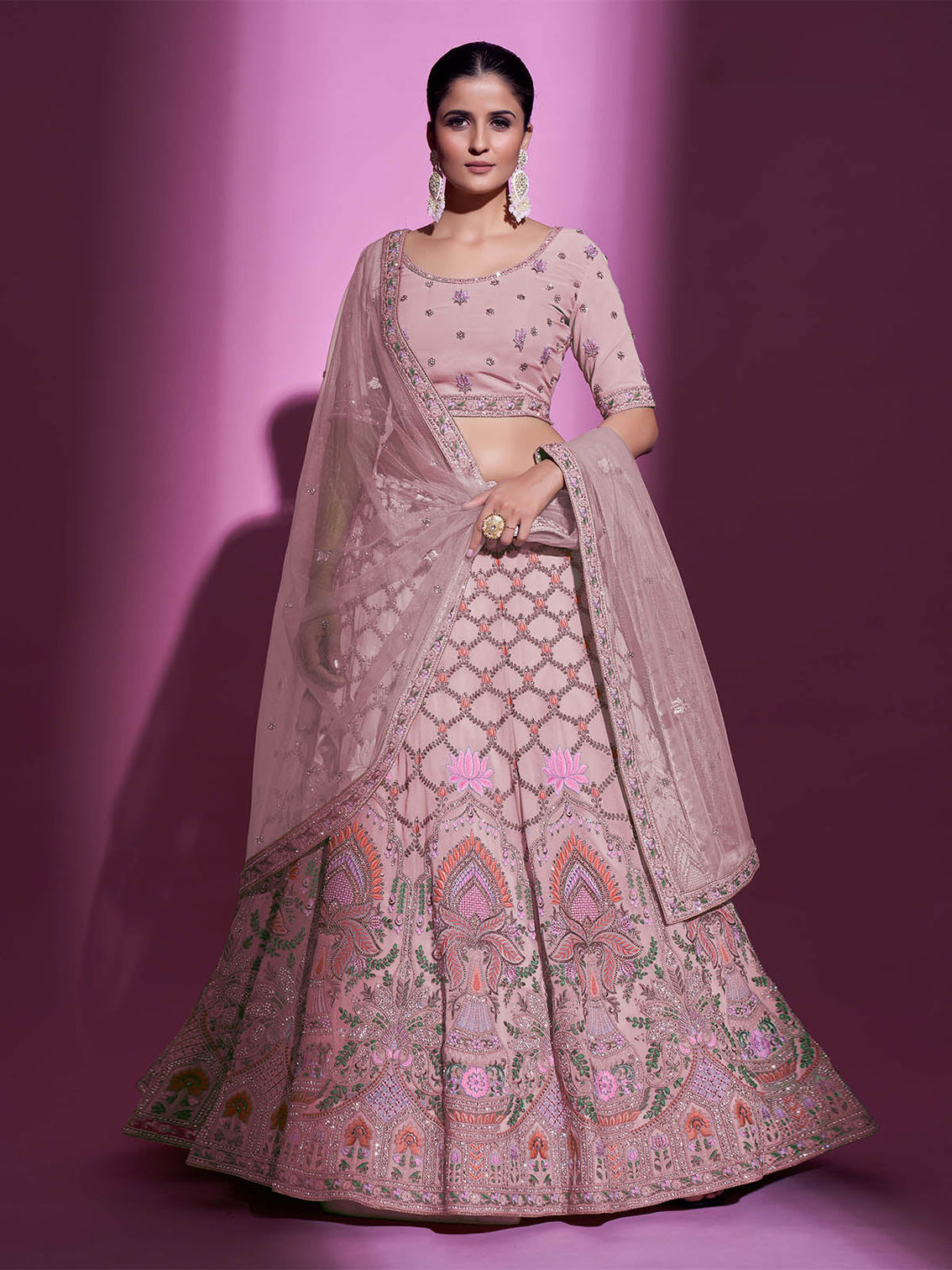 Peach Georgette Embroidered Semi Stitched Lehenga With Unstitched Blouse