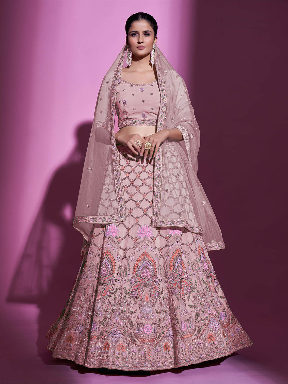 Peach Georgette Embroidered Semi Stitched Lehenga With Unstitched Blouse