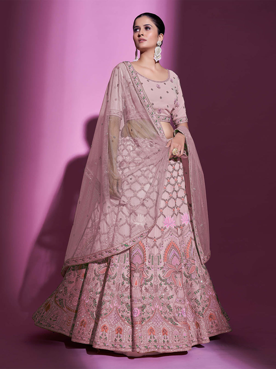 Peach Georgette Embroidered Semi Stitched Lehenga With Unstitched Blouse
