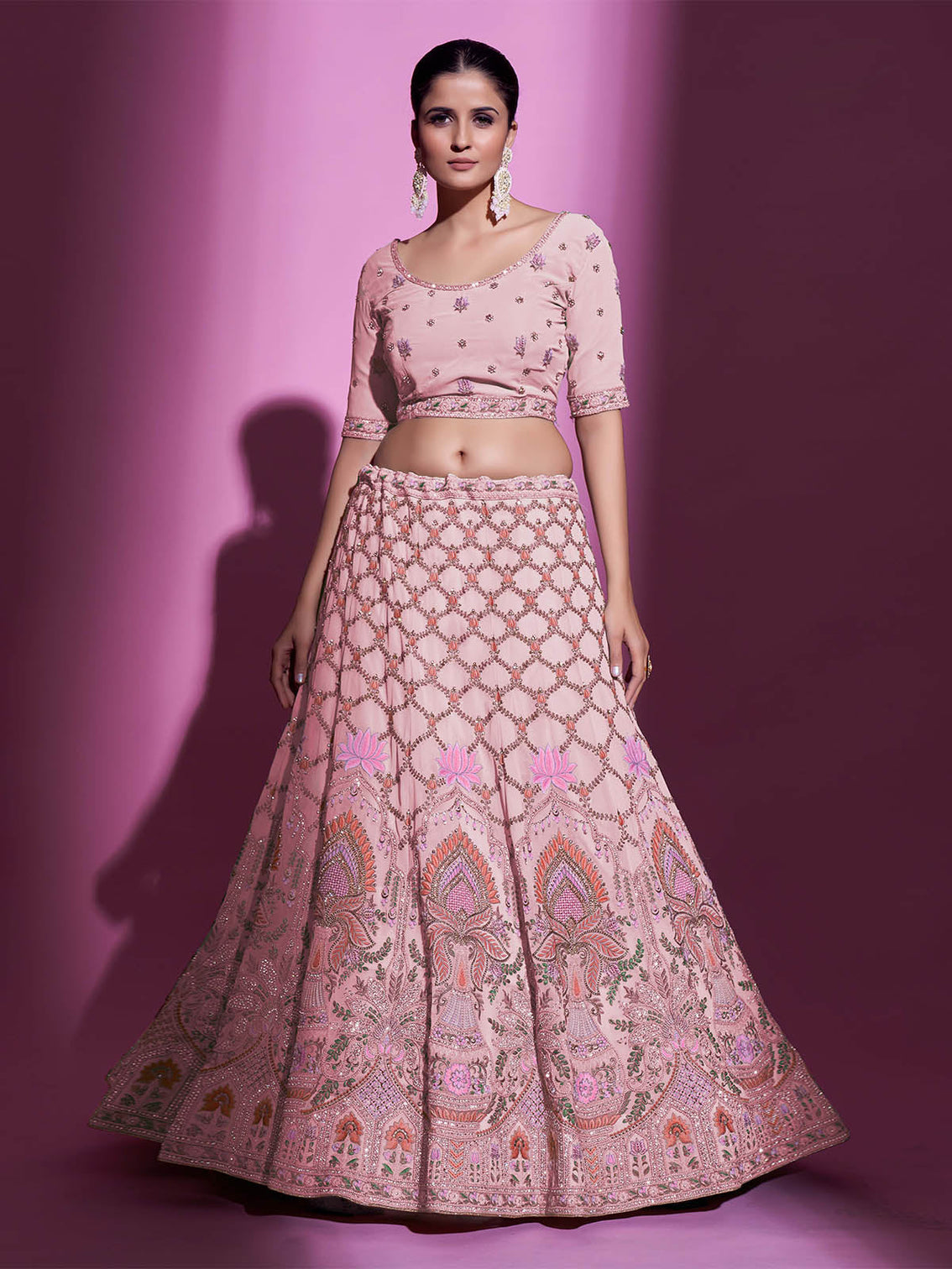 Peach Georgette Embroidered Semi Stitched Lehenga With Unstitched Blouse