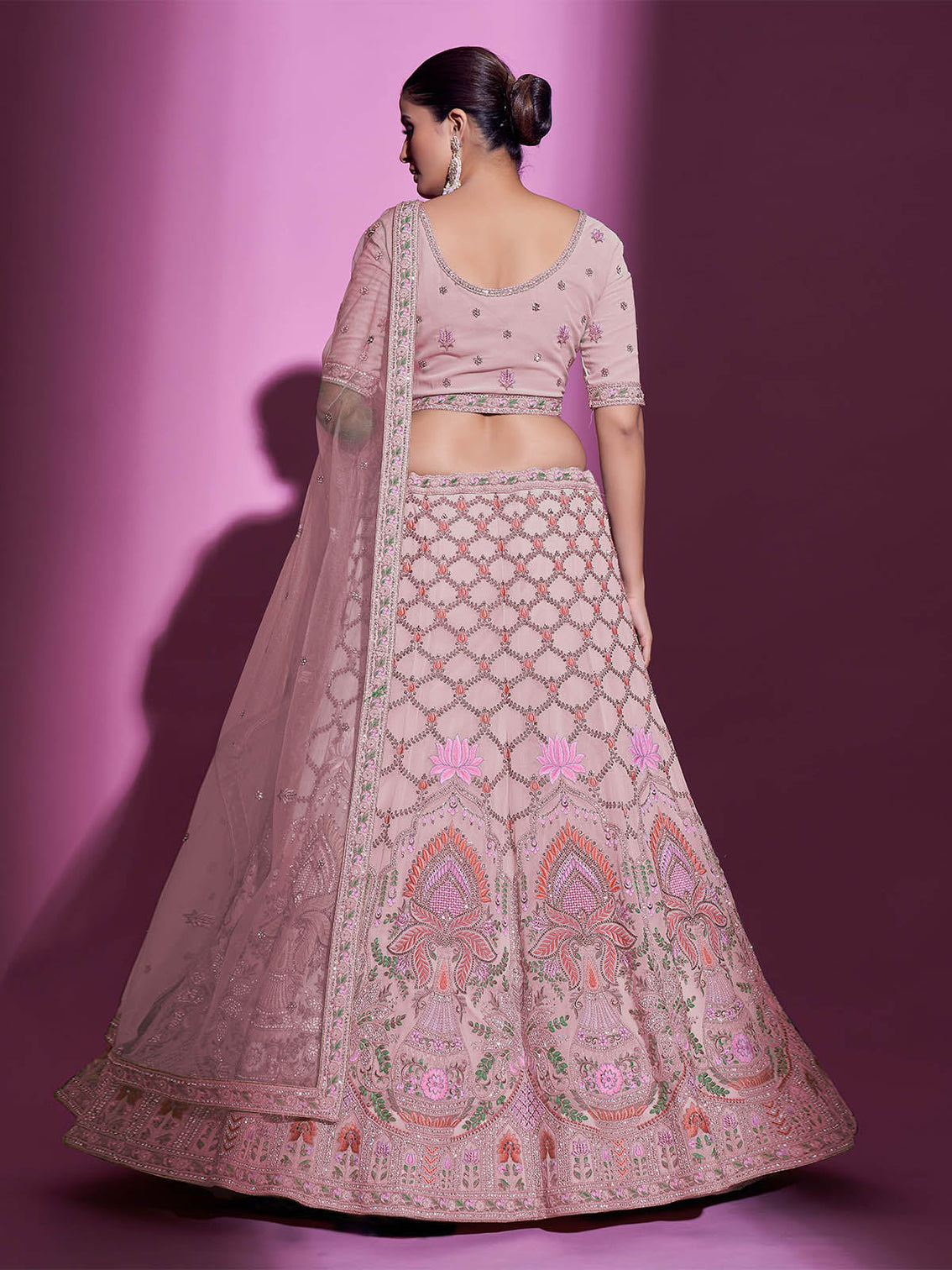 Peach Georgette Embroidered Semi Stitched Lehenga With Unstitched Blouse
