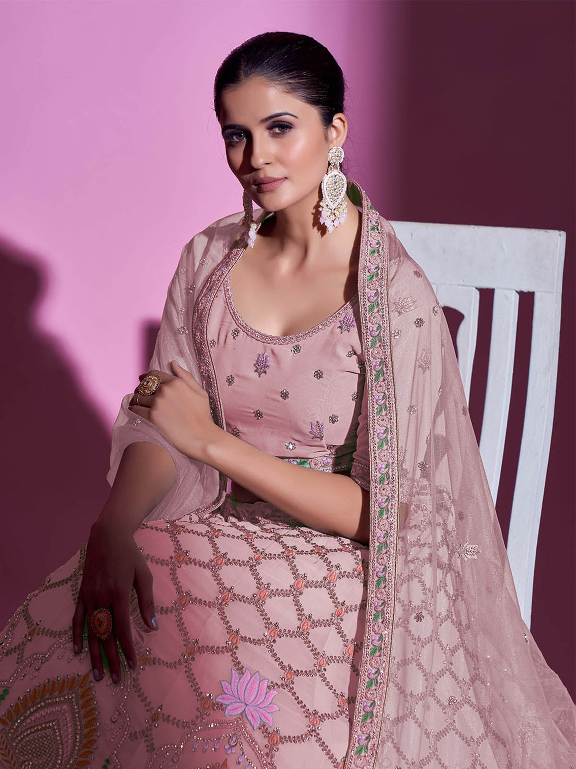 Peach Georgette Embroidered Semi Stitched Lehenga With Unstitched Blouse