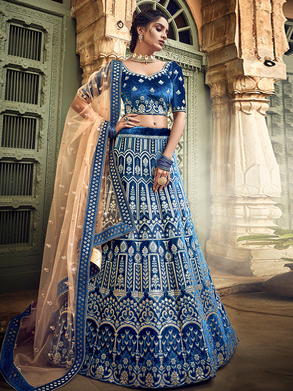 Blue Embroidered Velvet Semi Stitched Lehenga With Unstitched Blouse
