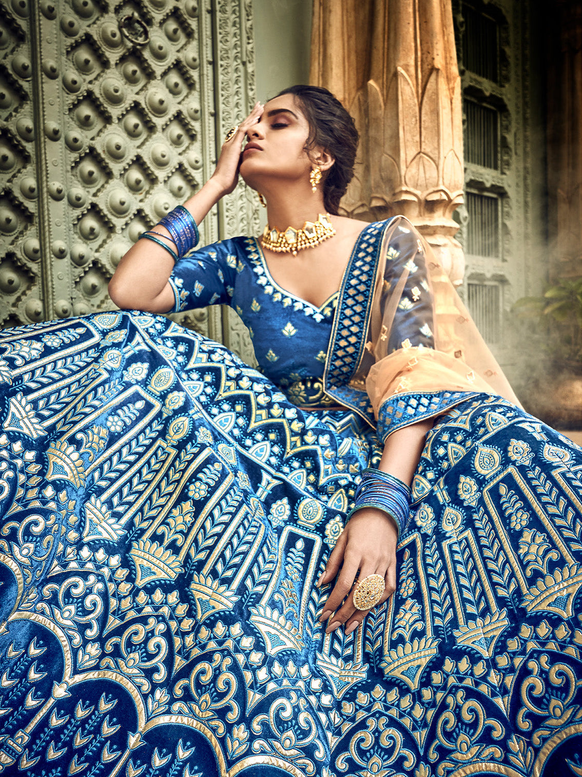 Blue Embroidered Velvet Semi Stitched Lehenga With Unstitched Blouse