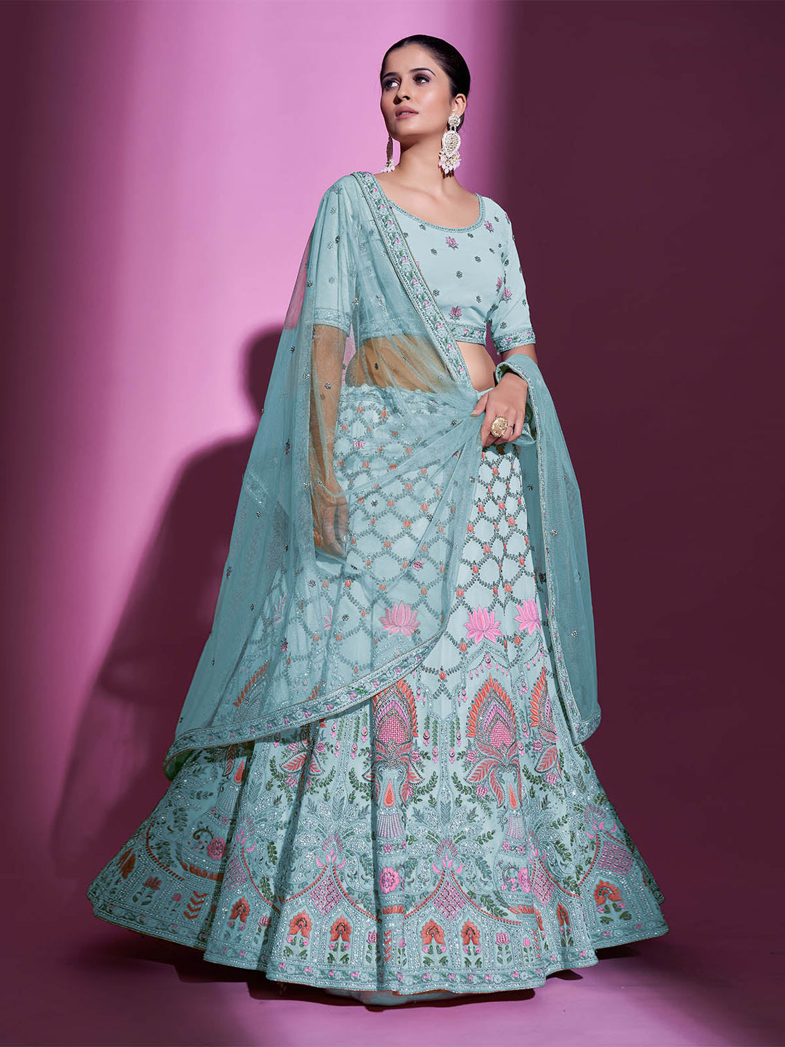 Blue Georgette Embroidered Semi Stitched Lehenga With Unstitched Blouse