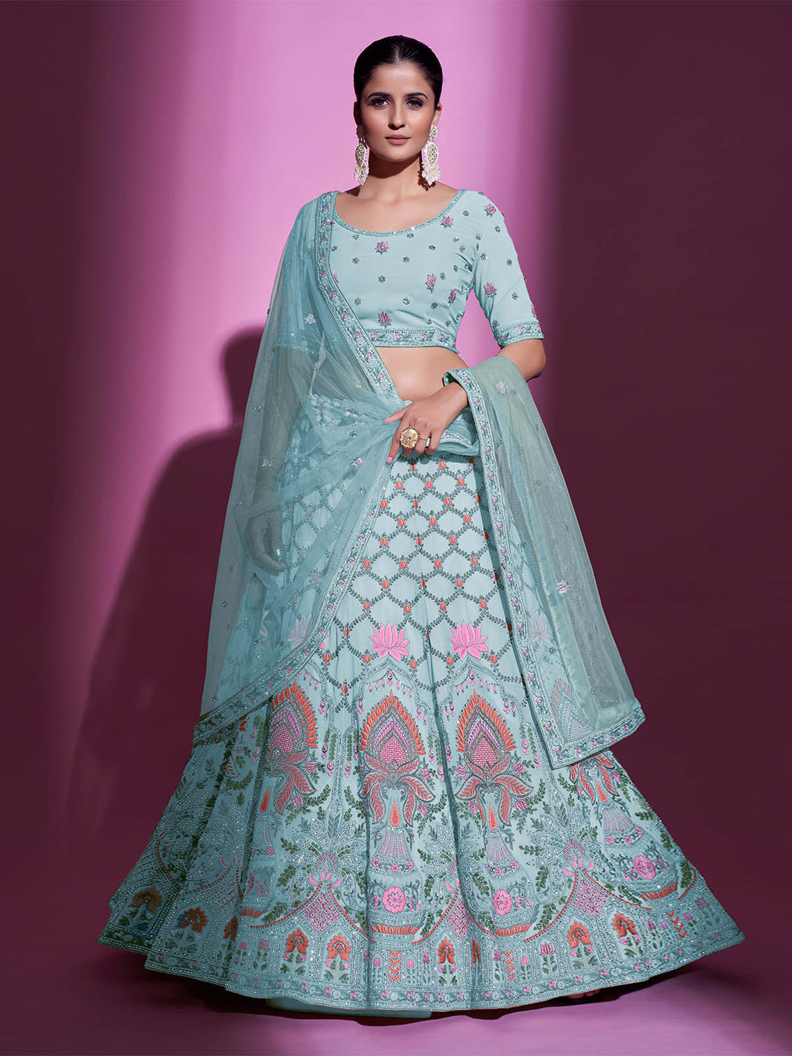 Blue Georgette Embroidered Semi Stitched Lehenga With Unstitched Blouse