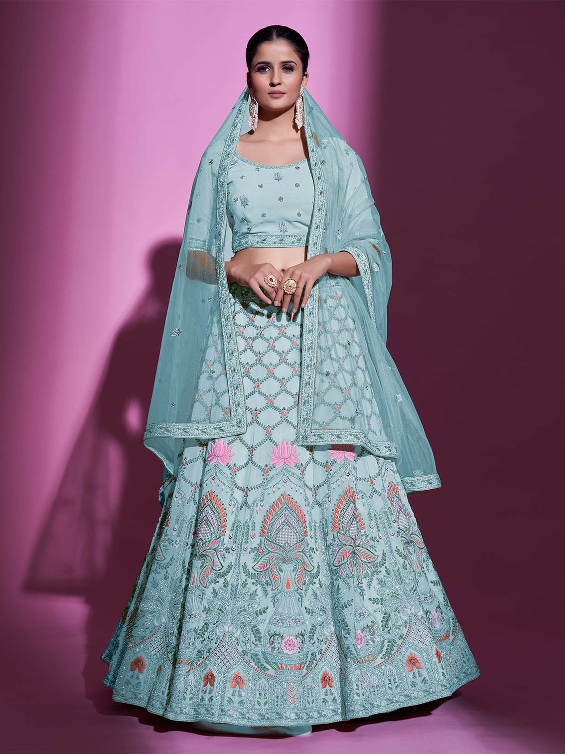 Blue Georgette Embroidered Semi Stitched Lehenga With Unstitched Blouse
