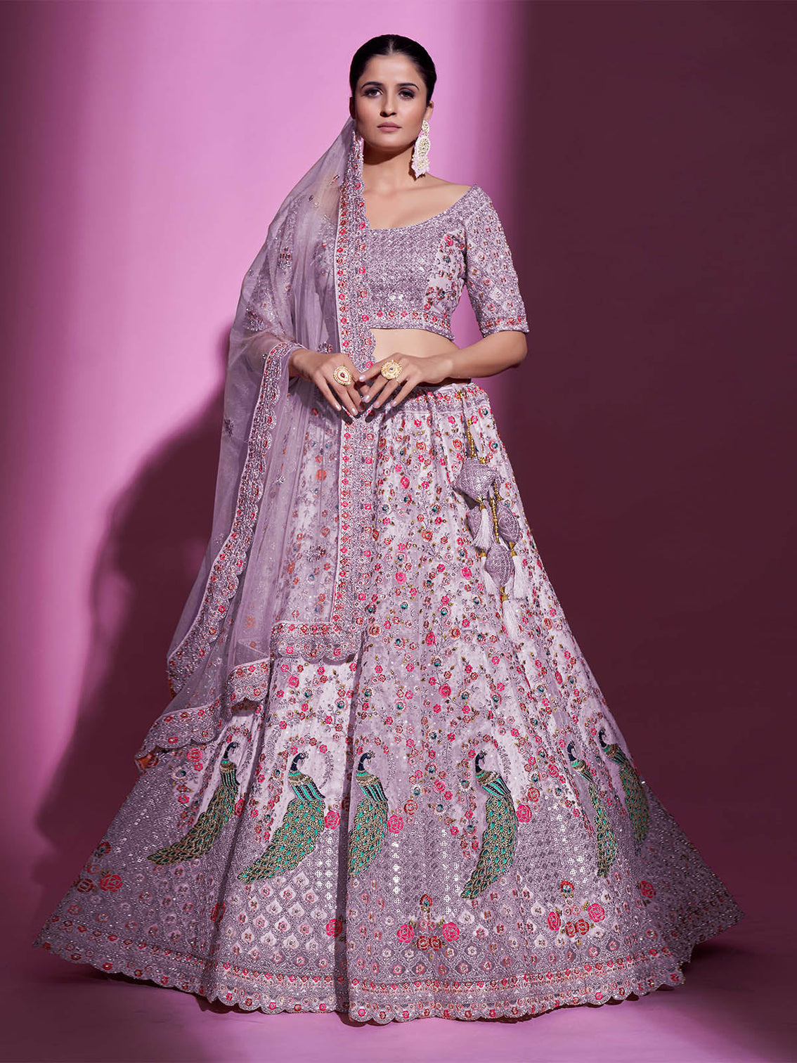 Purple Net Embroidered Semi Stitched Lehenga With Unstitched Blouse